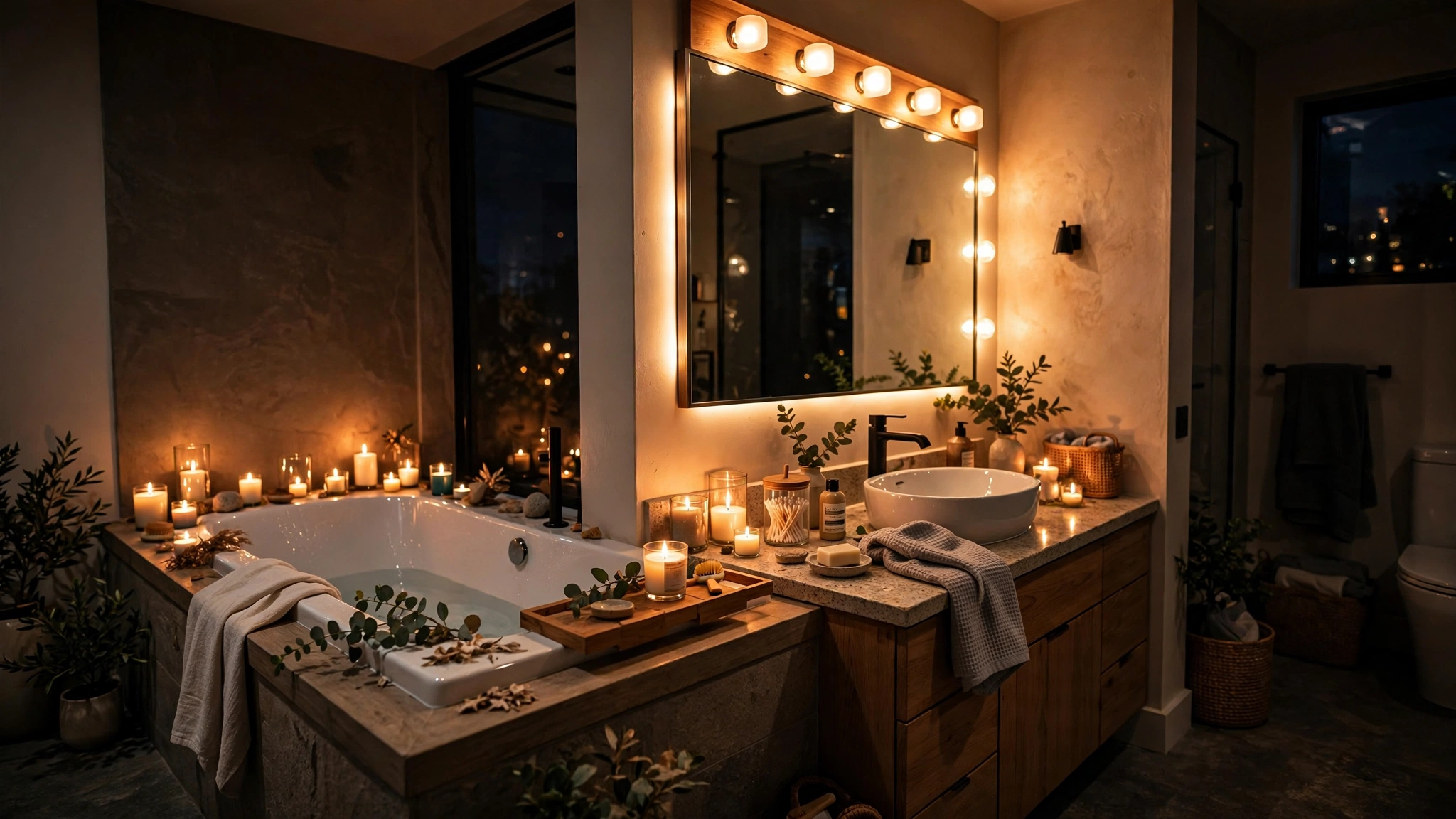Warm dimmable vanity lighting in apartment bathroom, cozy glow