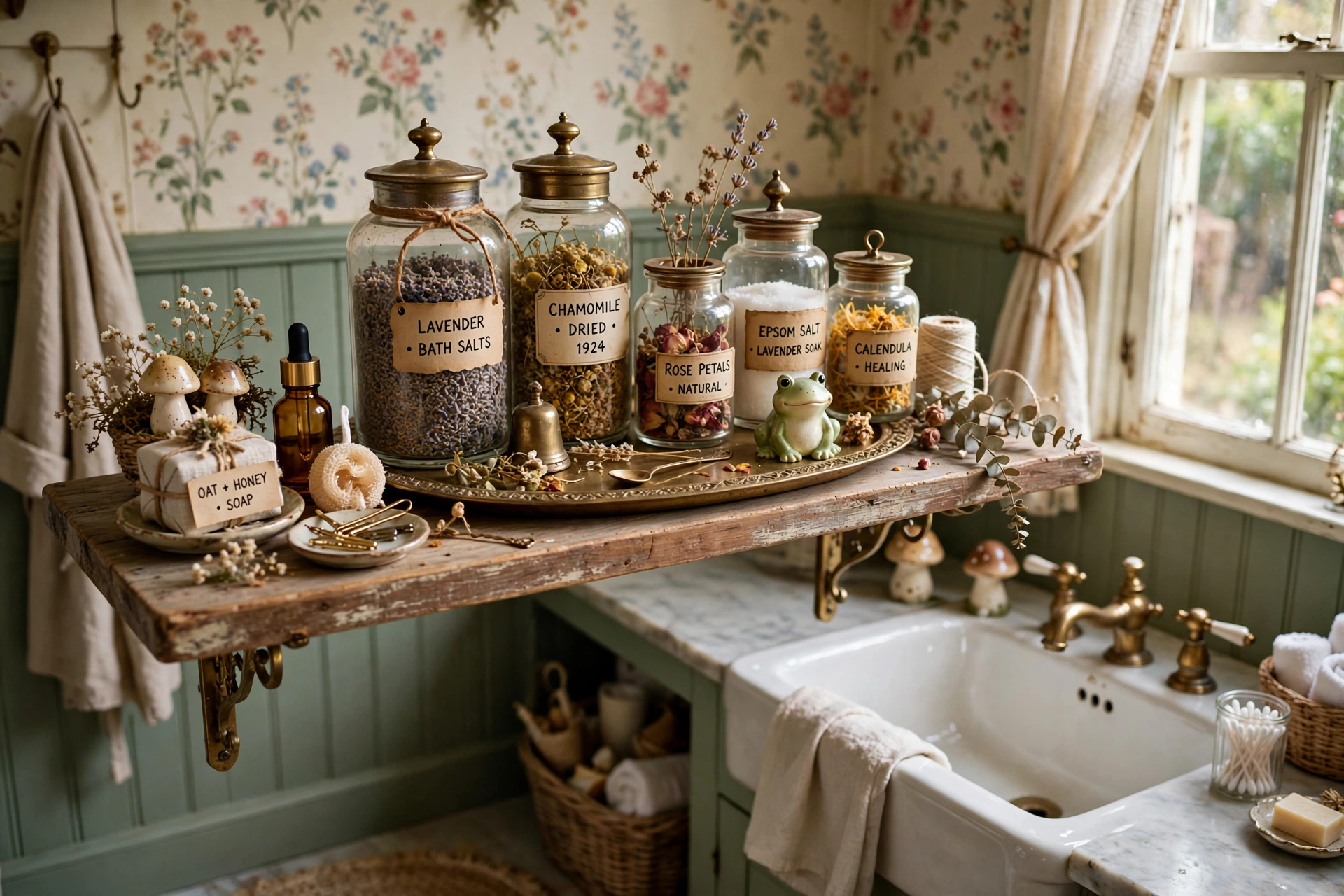 Vintage apothecary jars and brass tray in cute bathroom, nostalgic