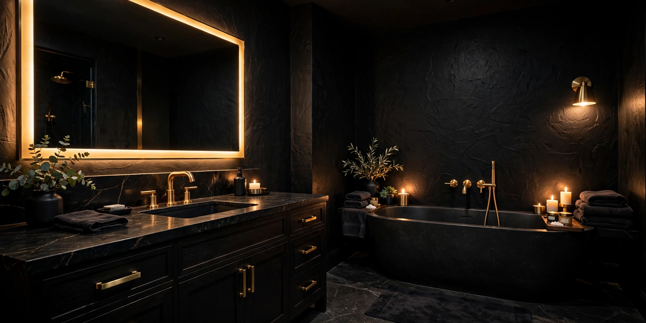 Brushed brass bathroom faucet set glowing against black accent wall