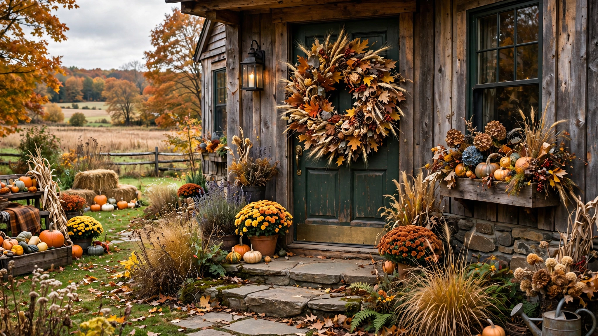 Fall harvest wreath with wheat berries and dried leaves on front door