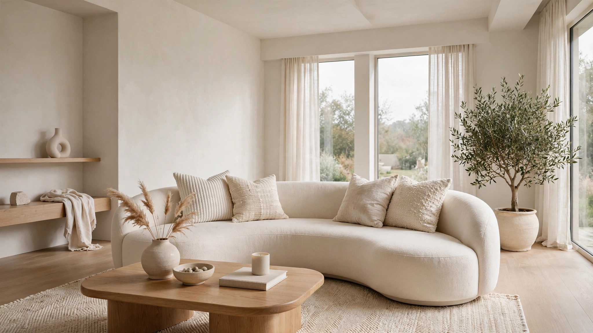 Curved sofa in neutral cream and warm white palette, textured pillows, calm minimalist