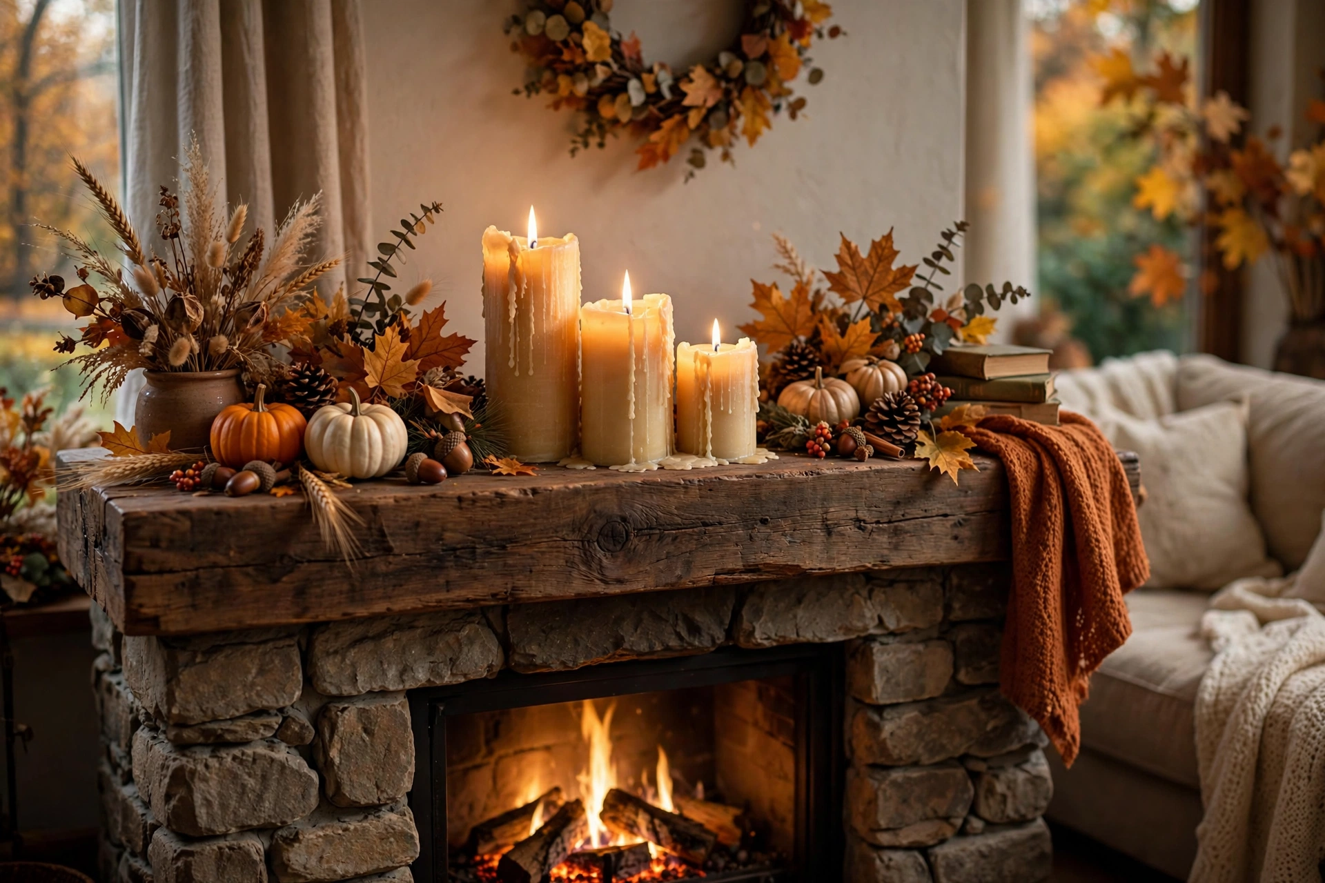 Fall scented pillar candles in three heights grouped on mantel