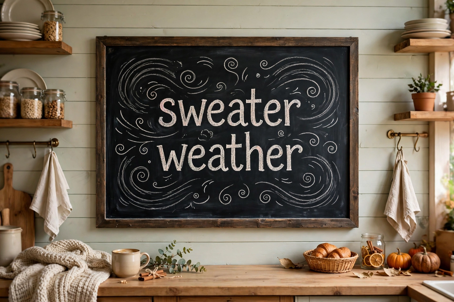 Gratitude message with leaf border on fall chalkboard, Thanksgiving table