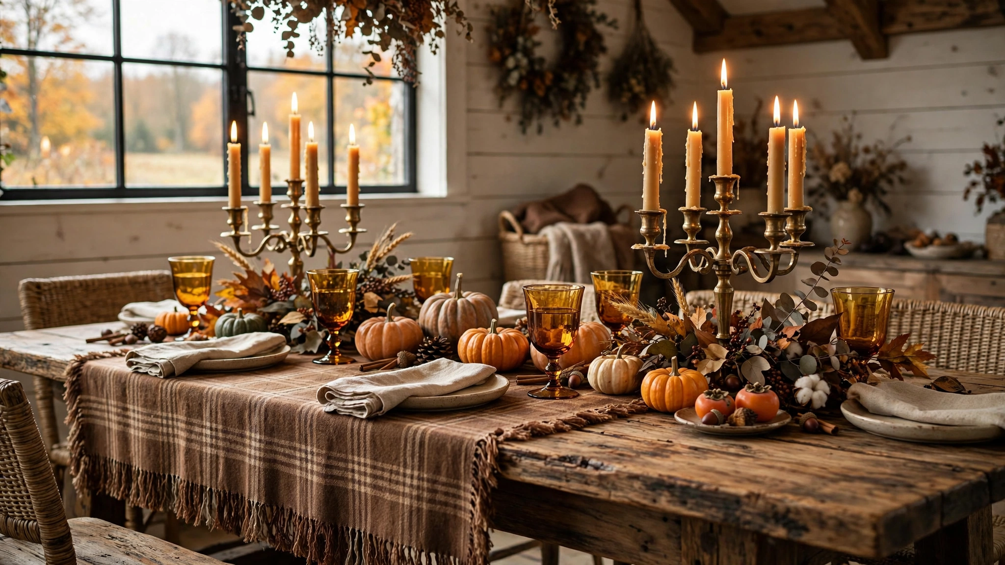 Fringed brown plaid table runner on rustic wood table with amber glassware