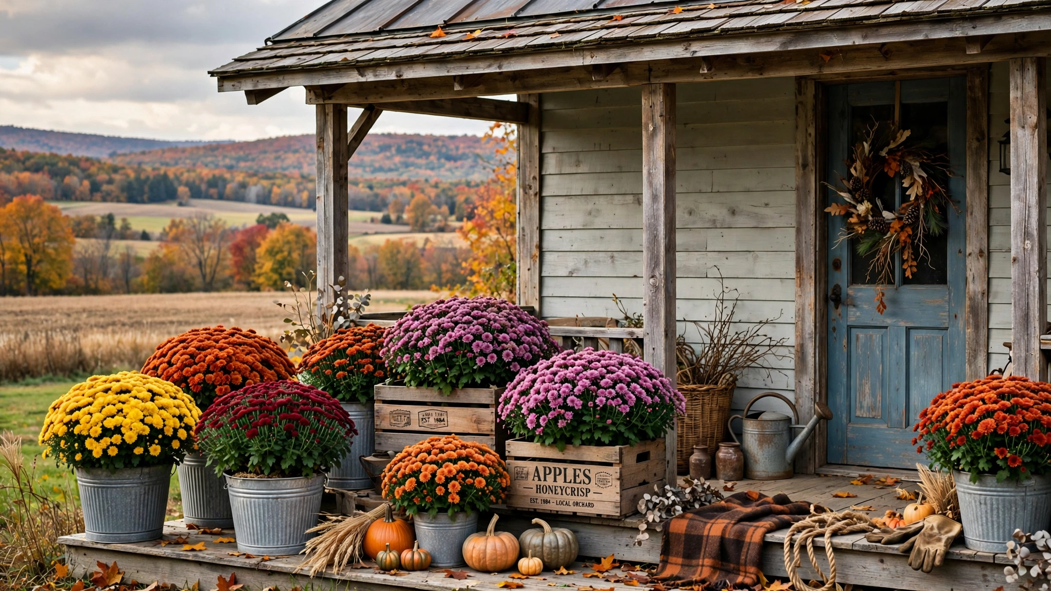 Mums repotted into galvanized metal planter buckets, farmhouse style