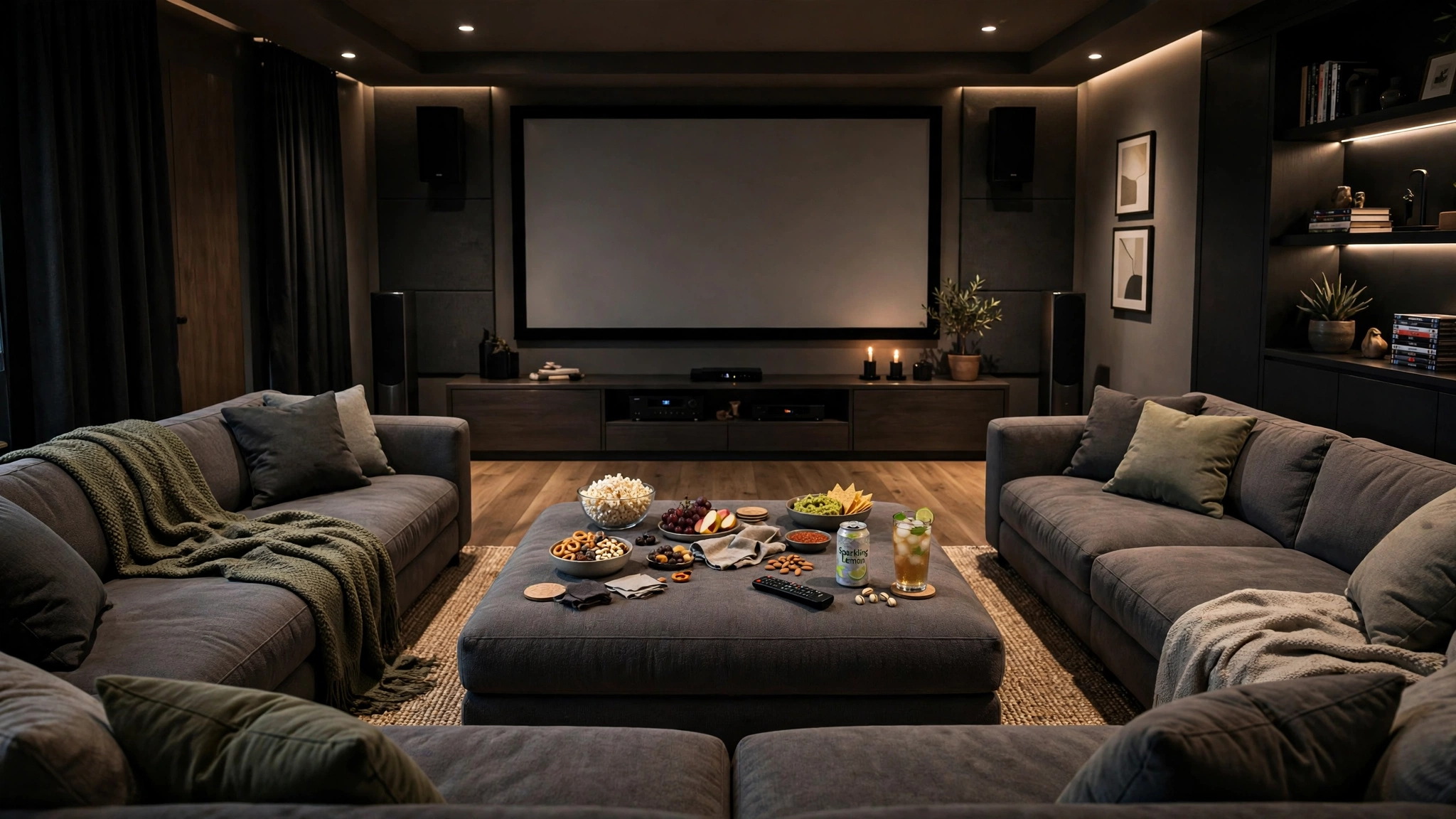 Large ottoman coffee table in center of U-shaped couch with snacks