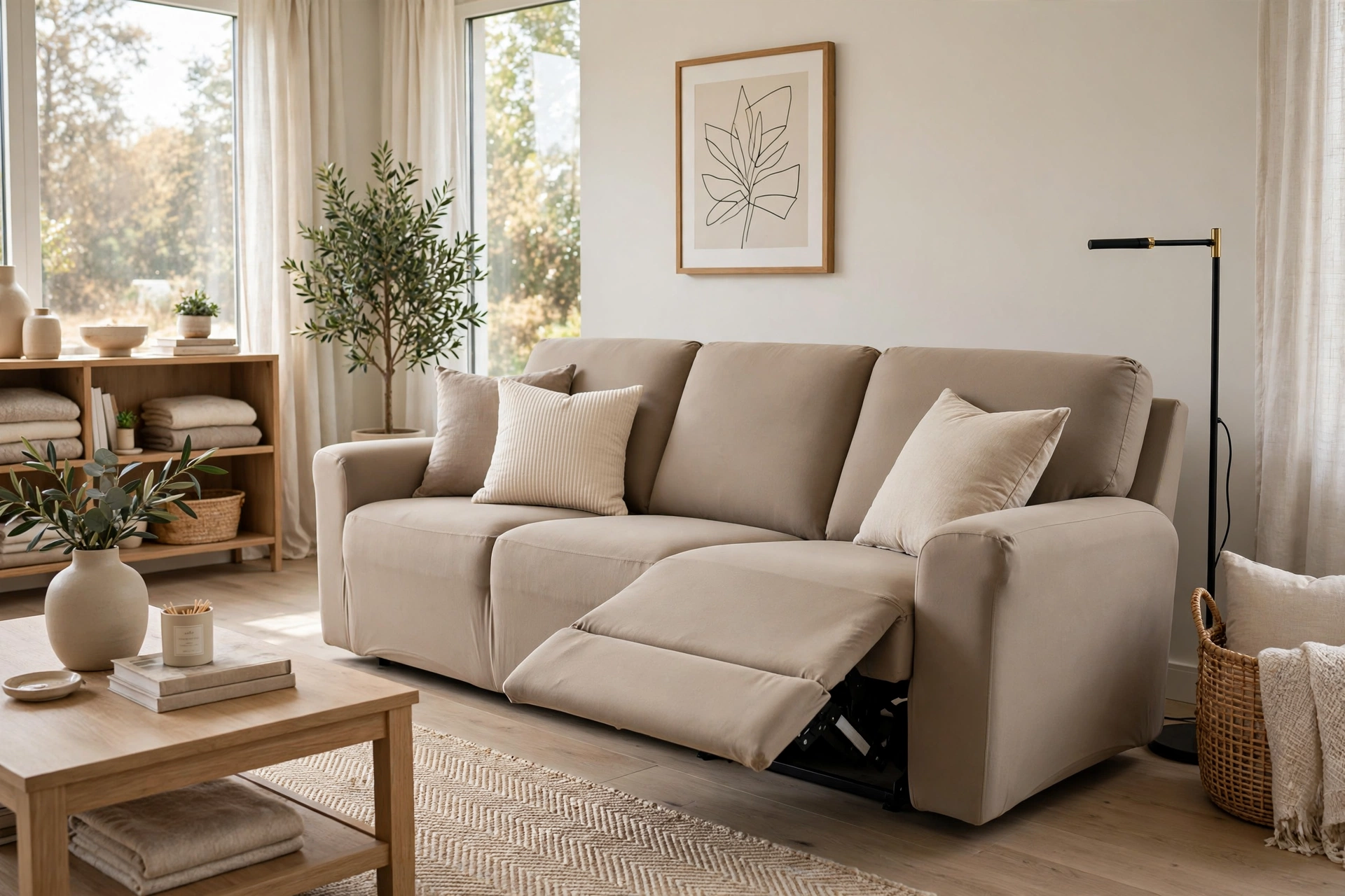 Reclining sofa with fitted tailored slipcover, polished custom look