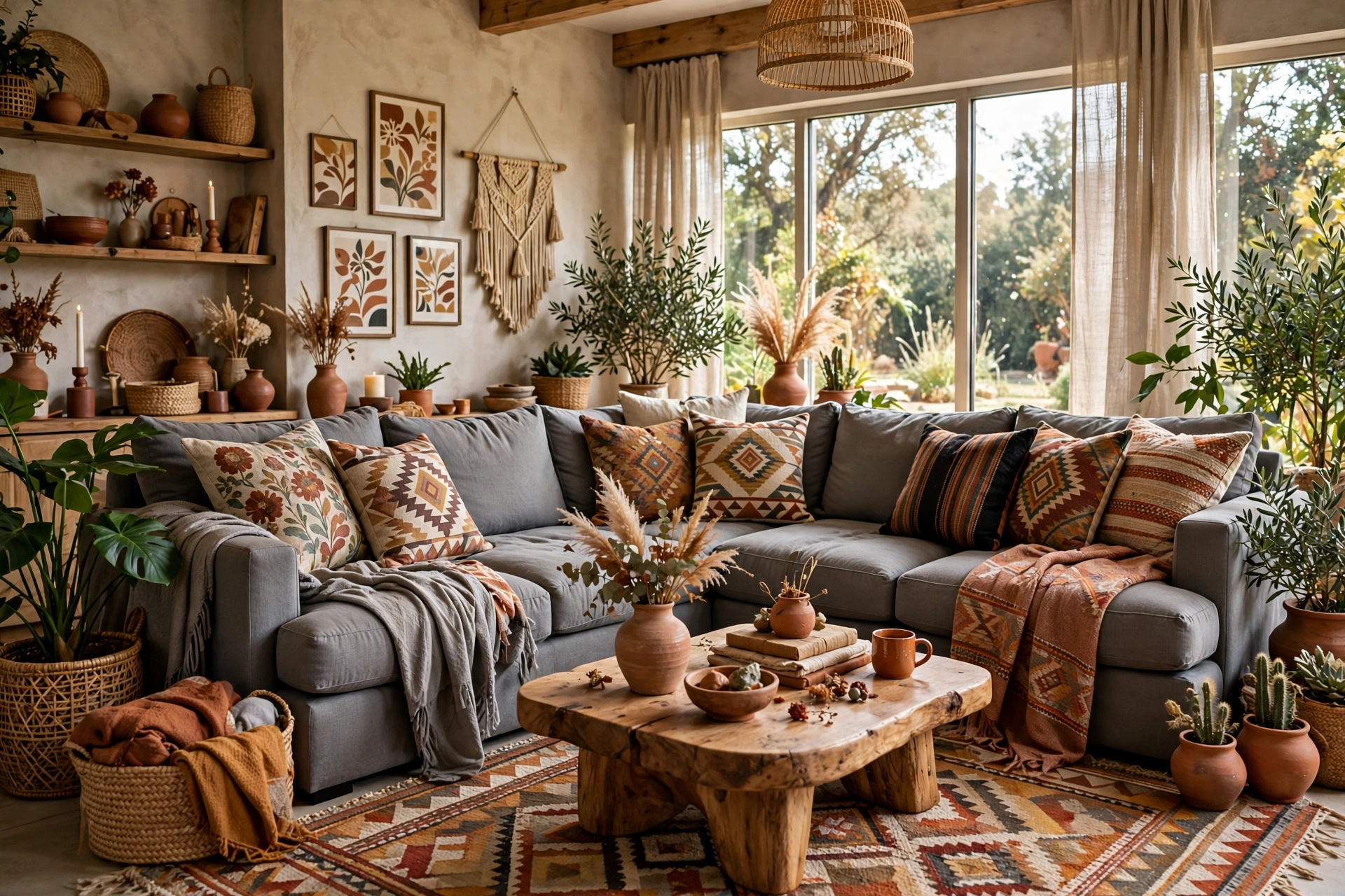 Boho throw pillows with mixed florals geometrics and stripes on grey sectional
