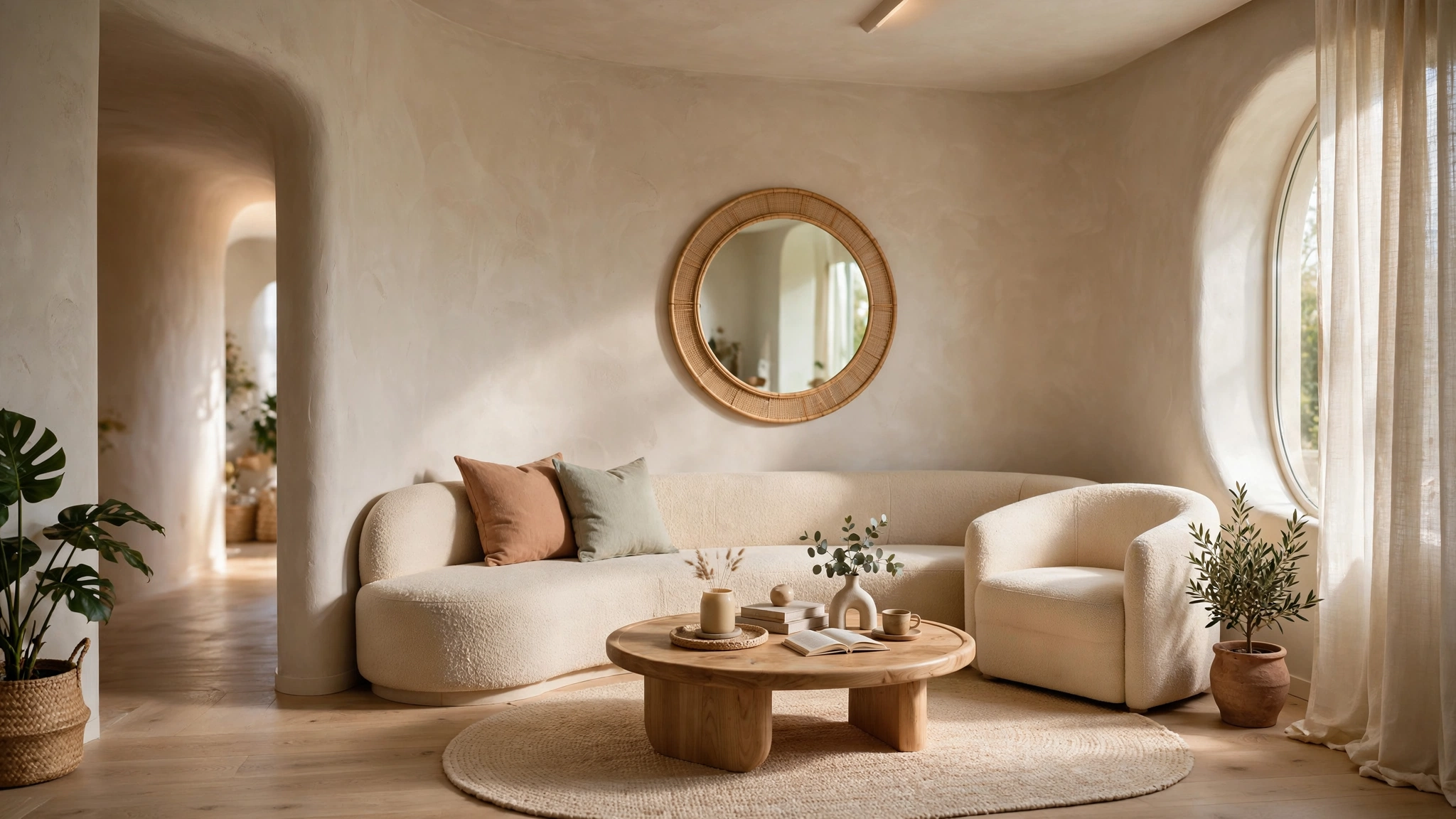 Small living room with light beige walls and ceiling, airy bright
