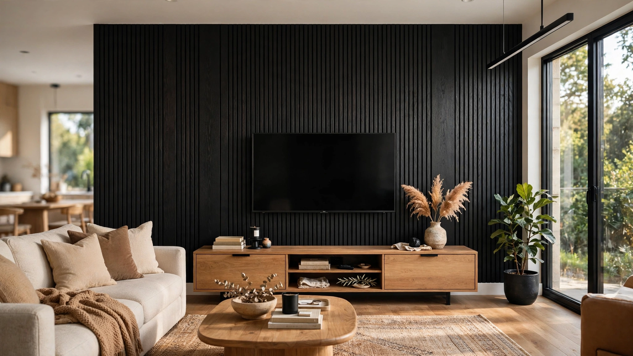 Vertical black wood slat paneling behind media console, modern