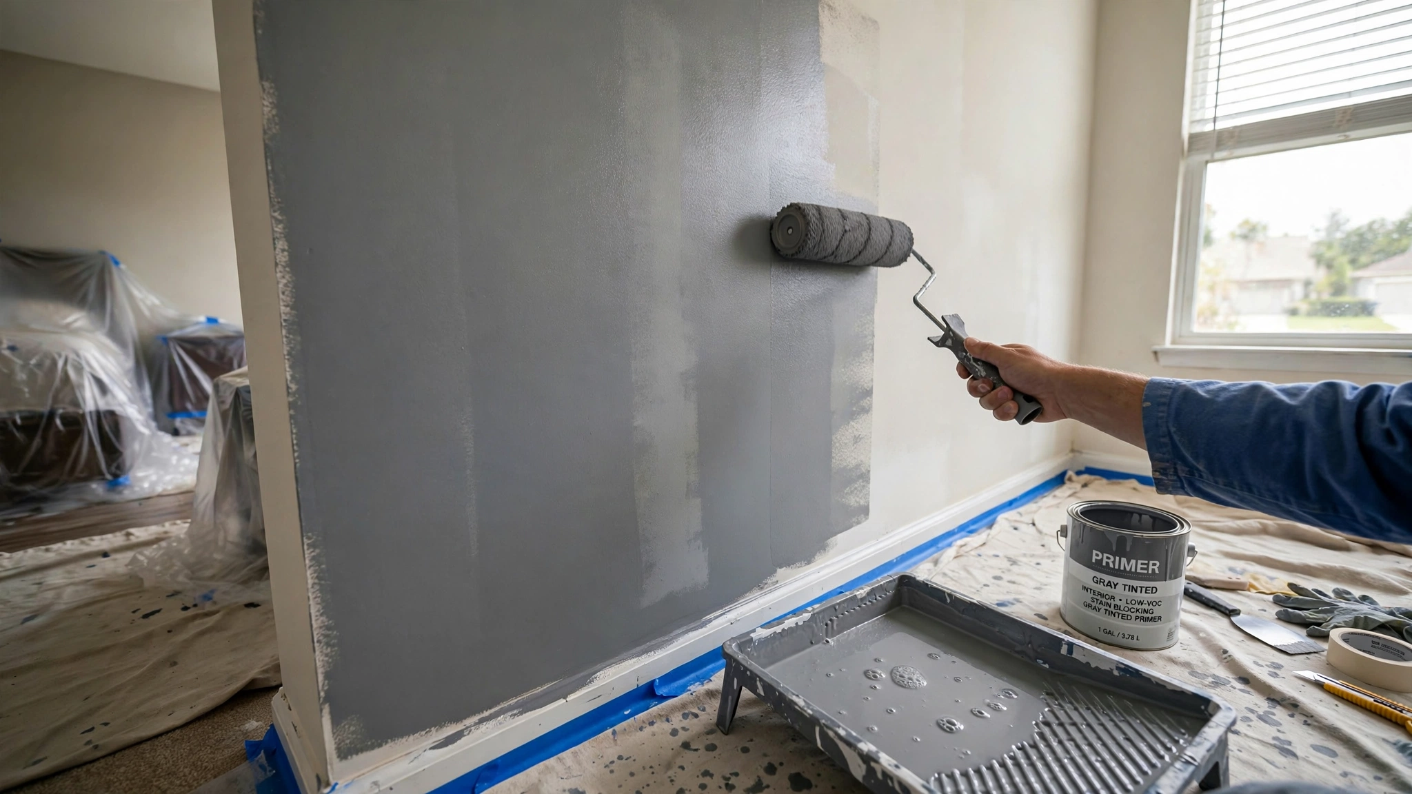 Gray tinted primer rolled on bedroom wall before black paint