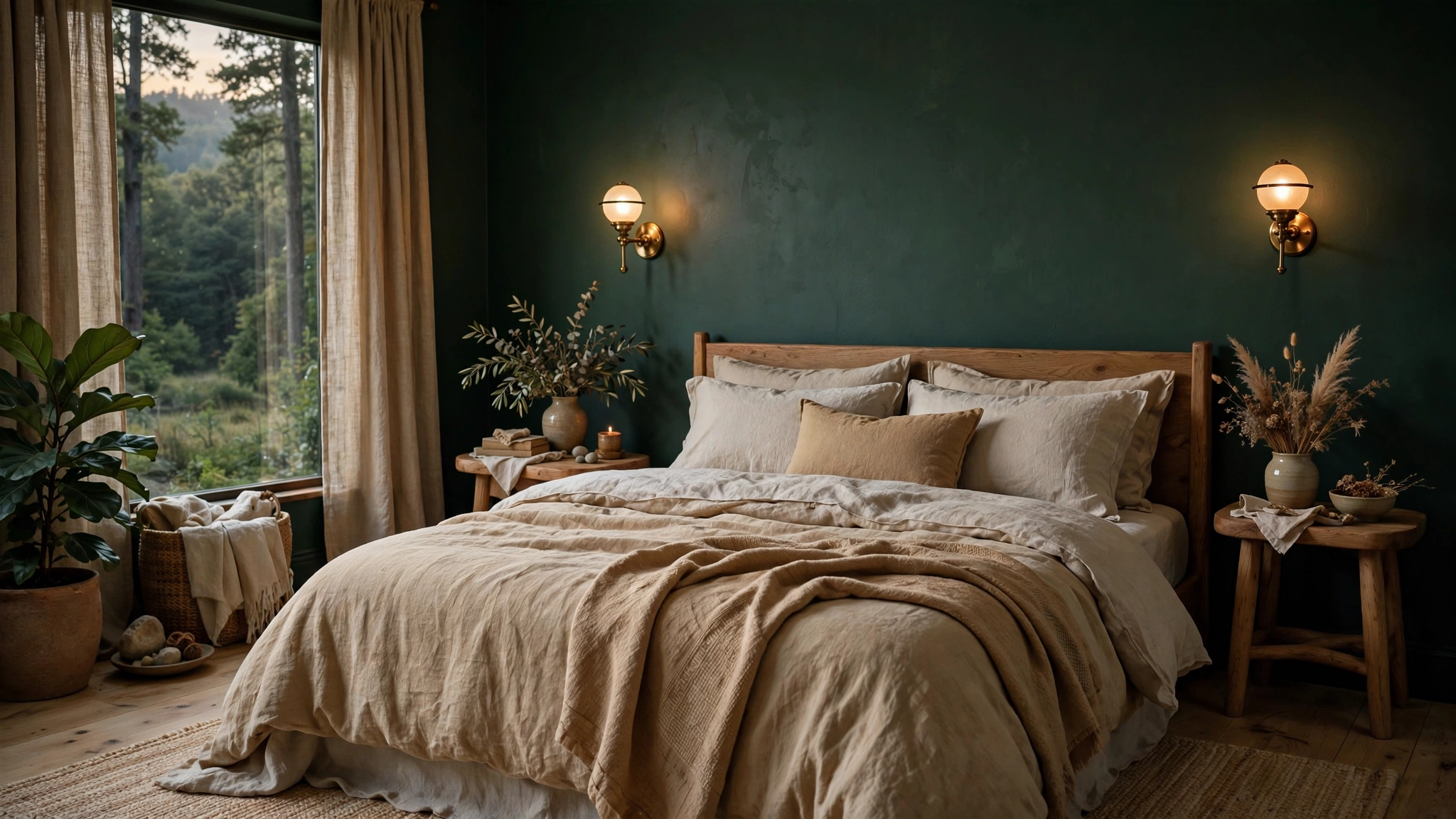 Bedroom with rich forest green walls, brass sconces, organic calm