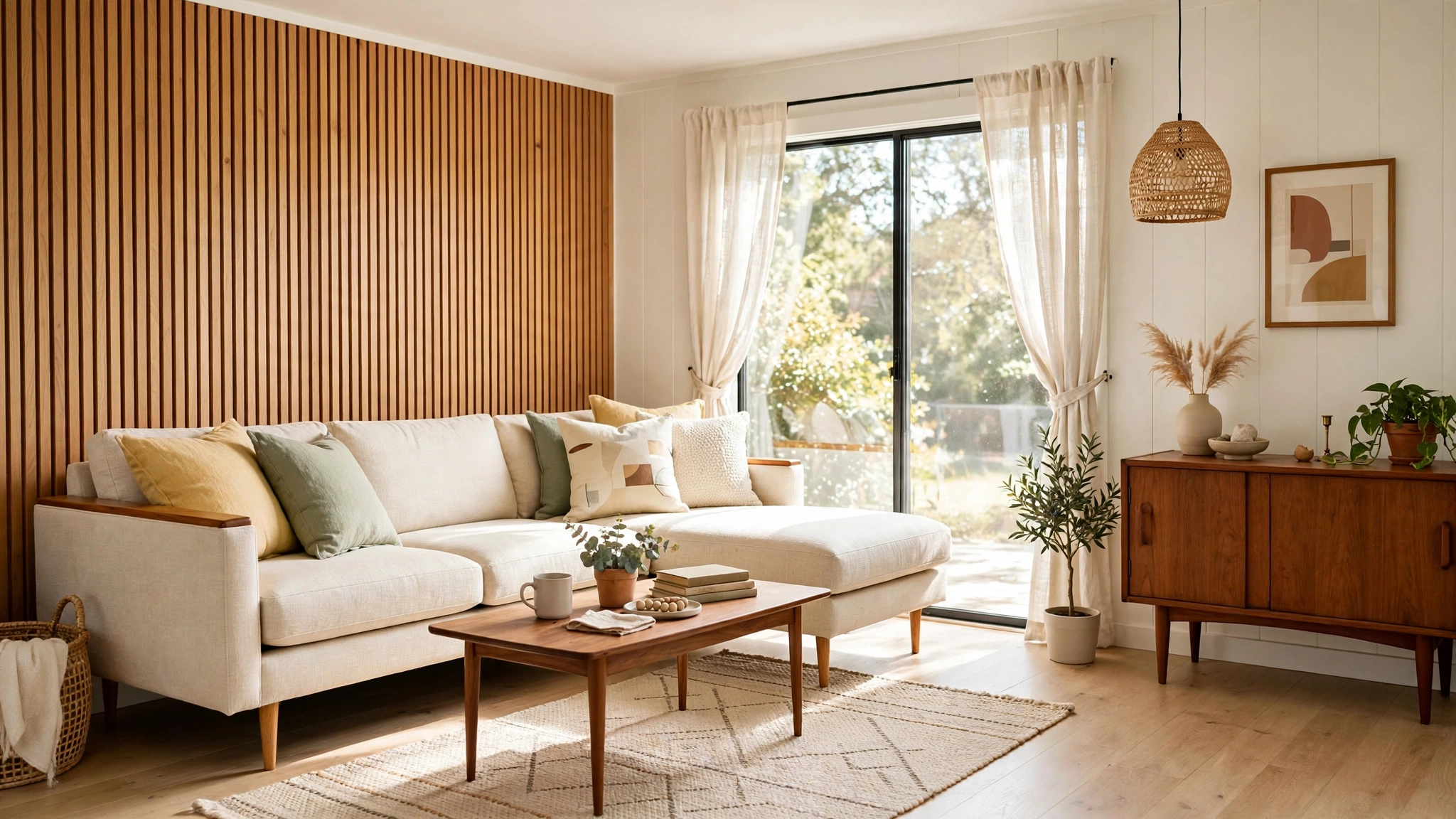 Sectional sofa with slim track arms and raised wooden legs, light airy small living room