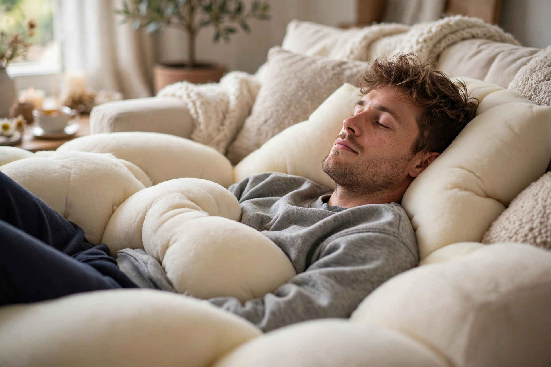 Person sinking into ultra comfortable deep foam boneless couch, pure relaxation