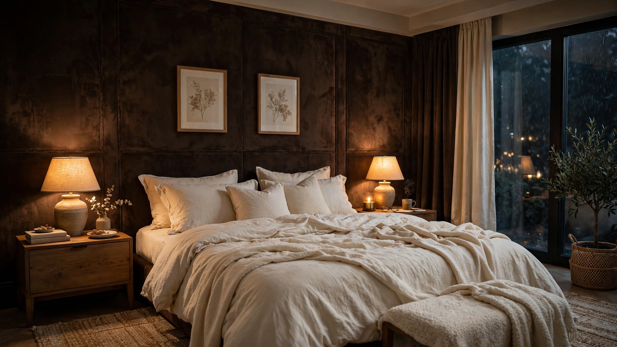 Bedroom with velvety espresso brown walls, cream bedding, cozy