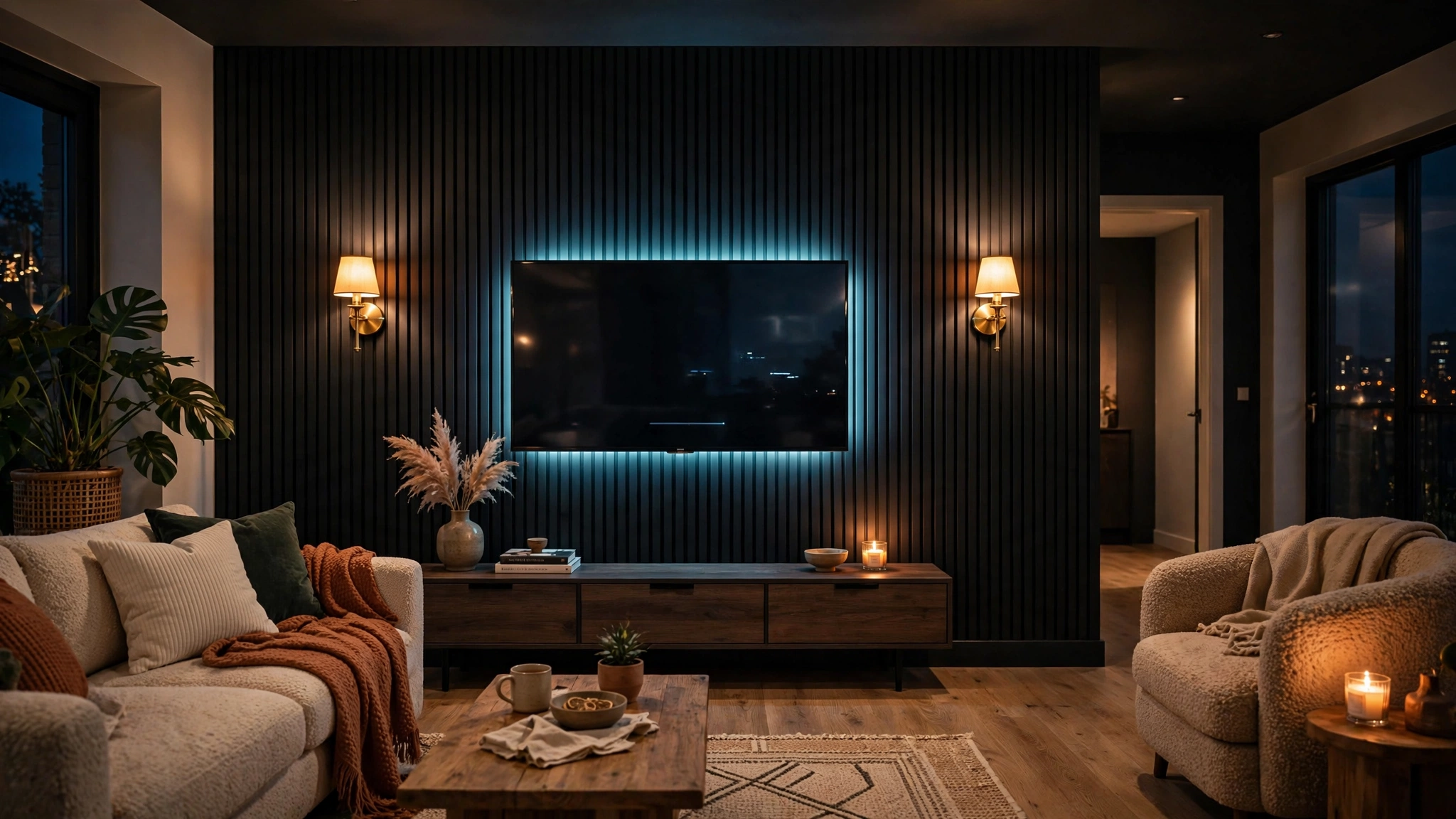 Black TV wall with LED backlight strip and warm wall sconces