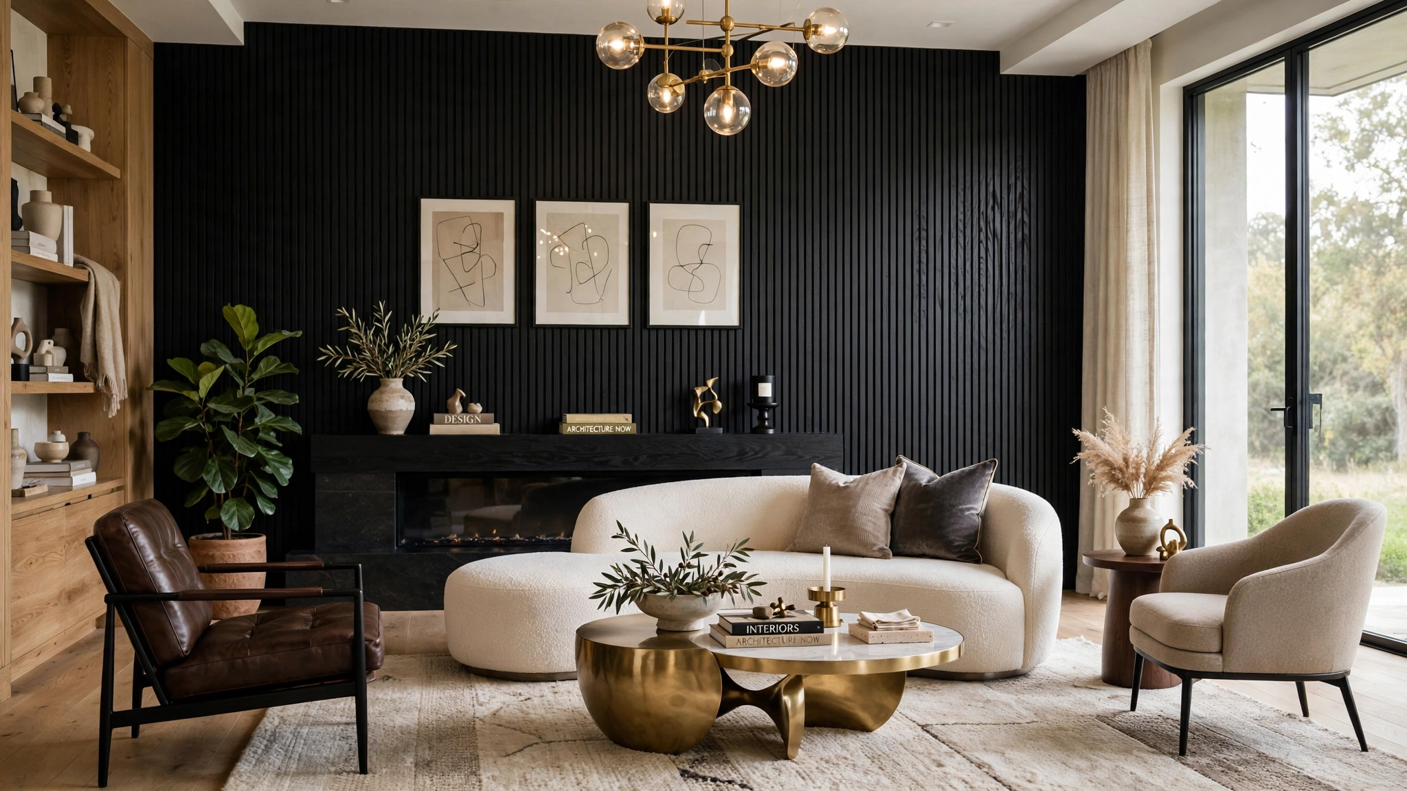 Black velvet accent chair against black wall, sophisticated