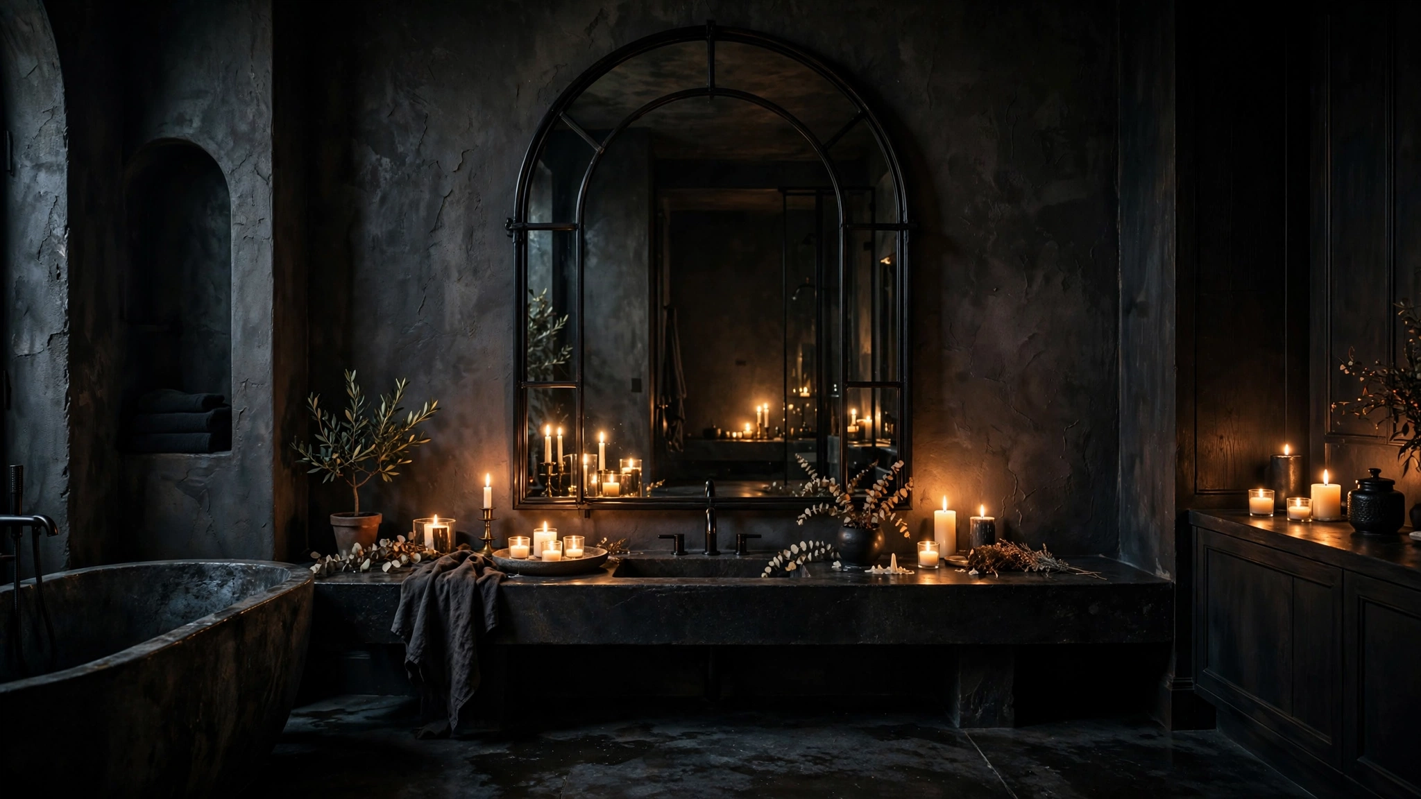 Arched black framed statement mirror in moody bathroom