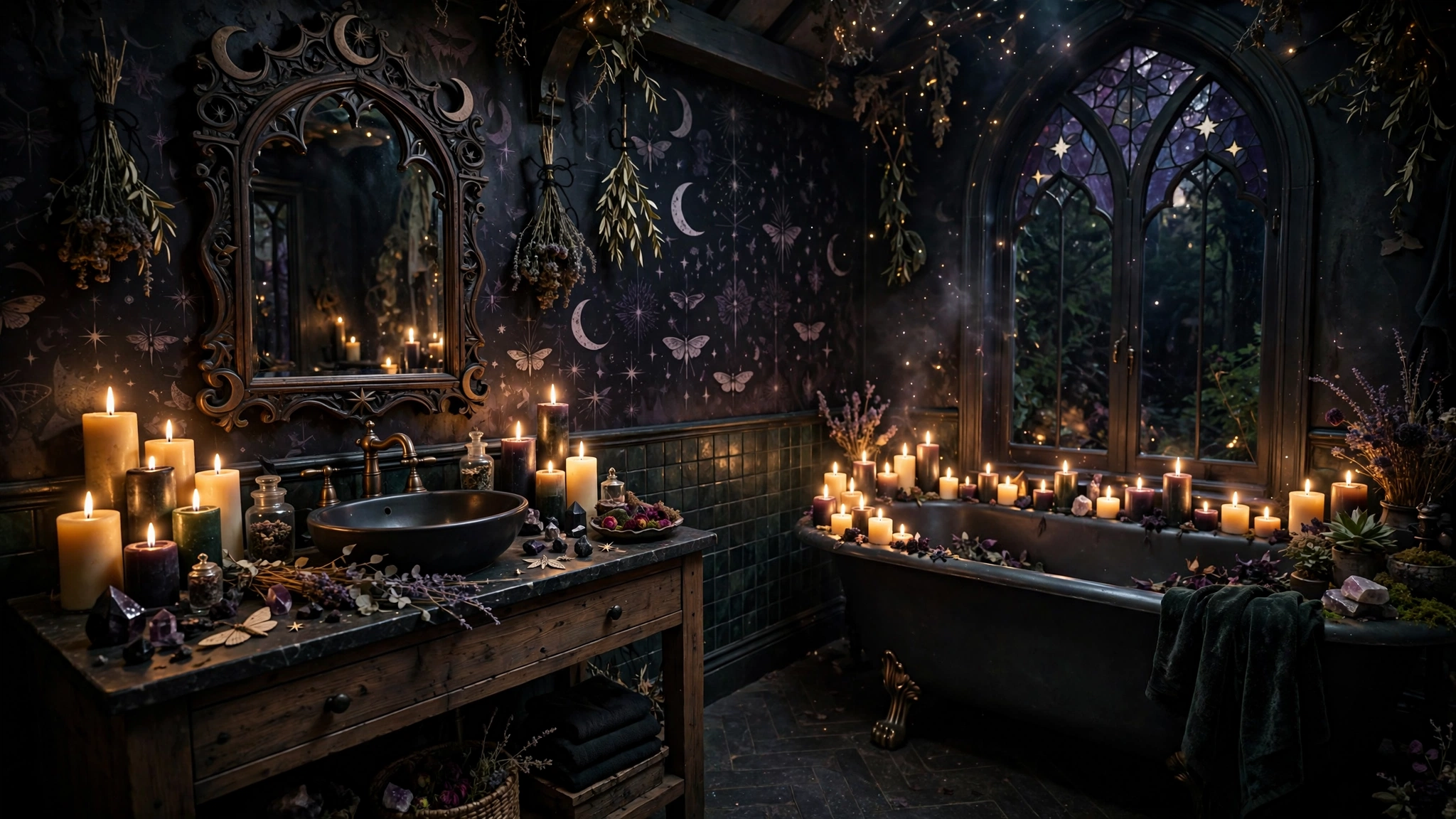 LED pillar candles clustered in whimsigoth bathroom, enchanted glow