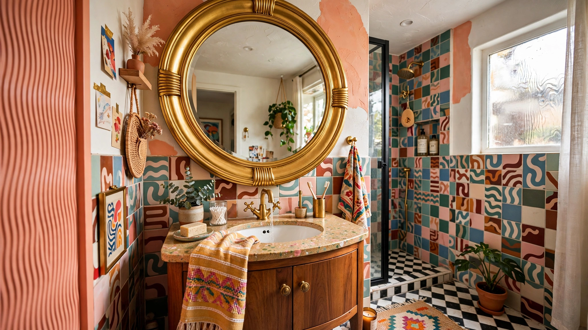 Oversized round gold framed mirror in small funky bathroom