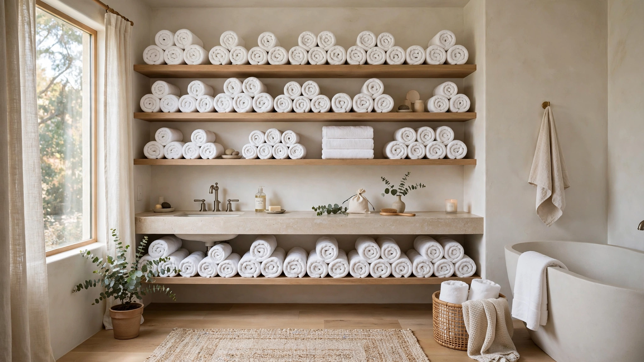 Turkish cotton plush towels rolled spa style on bathroom shelf