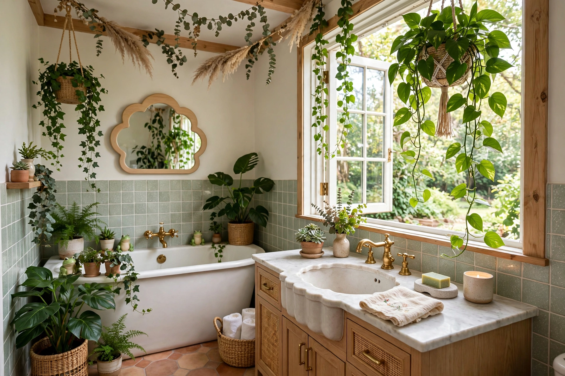 Hanging pothos plant in bright whimsical bathroom, natural life