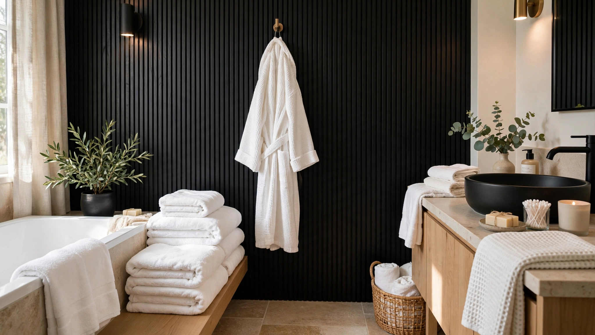 Plush white bath towels layered against black bathroom wall, spa softness