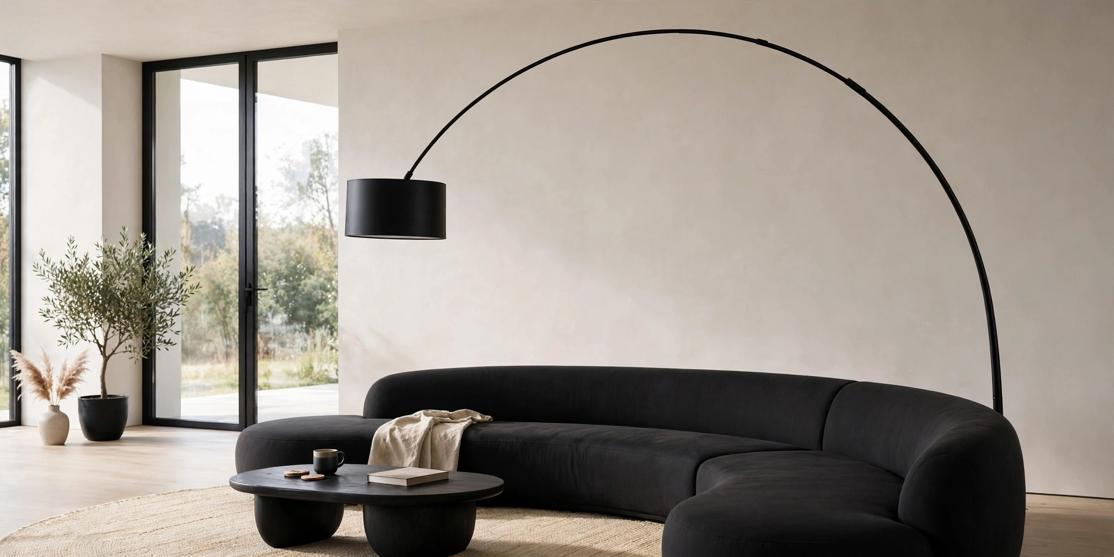 Modern arc floor lamp curving over a curved sofa, sleek black finish