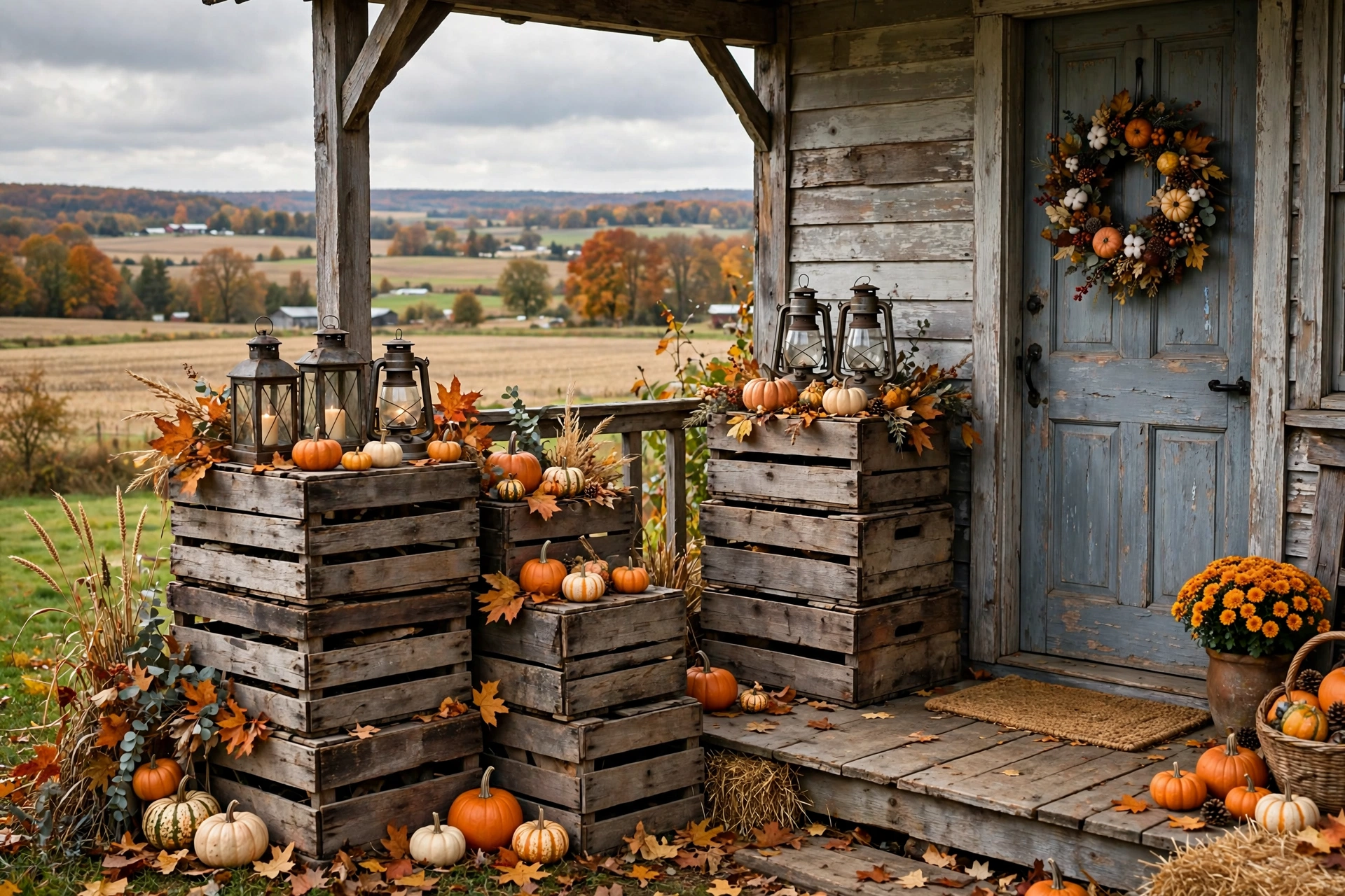 Weathered wooden crates stacked with lanterns and pumpkins on porch