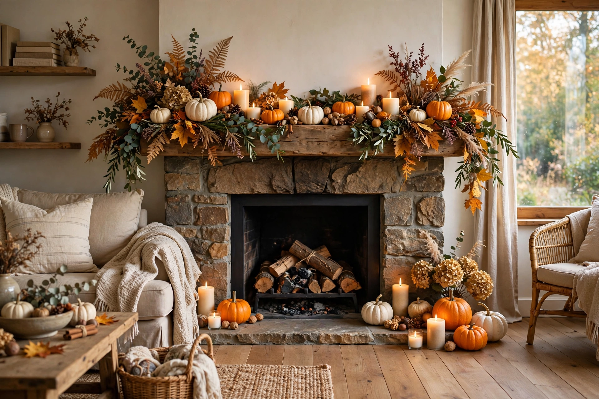 Mini white pumpkins scattered between candles on fall mantel