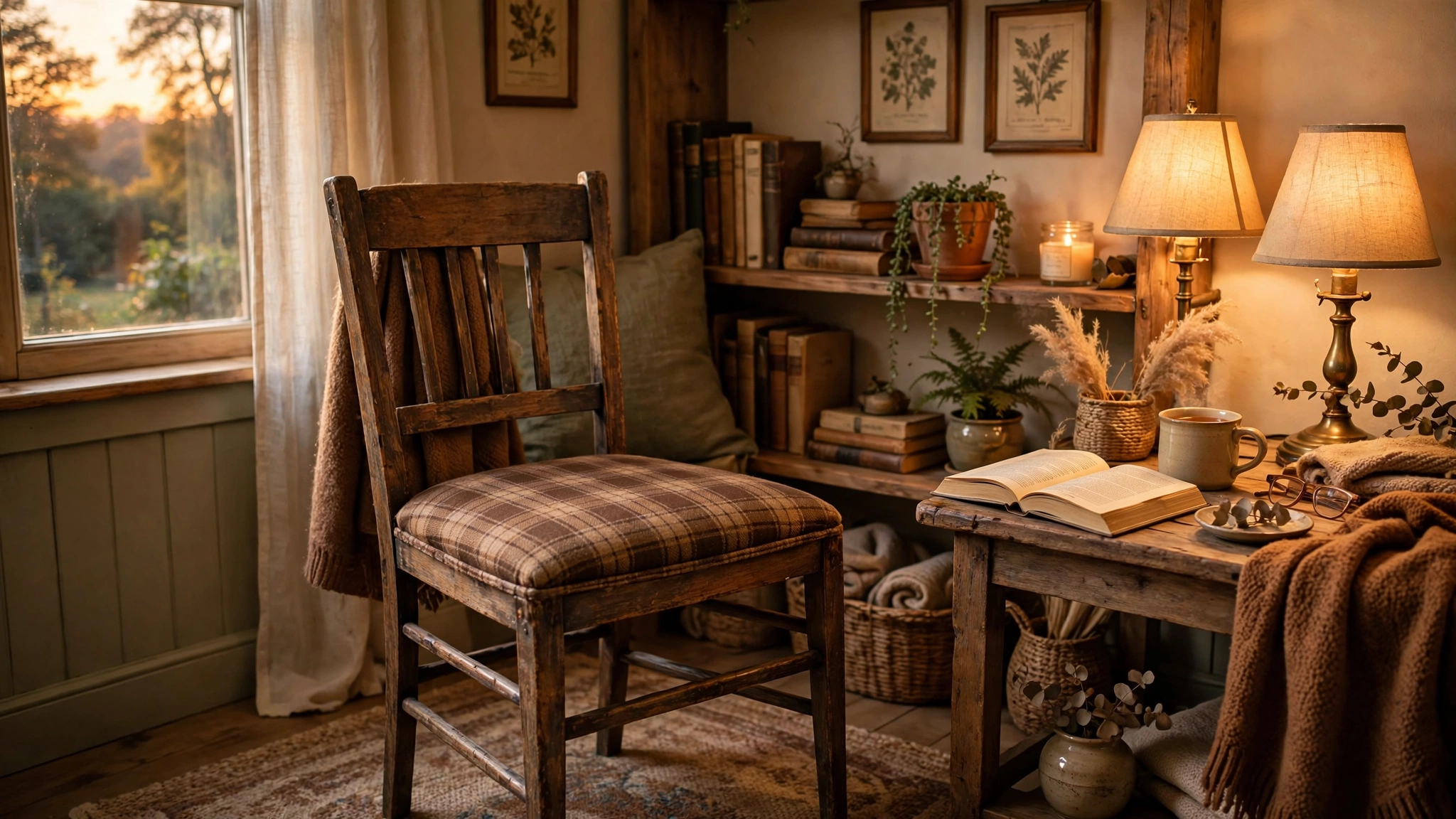 Vintage wooden dining chair reupholstered in brown plaid fabric