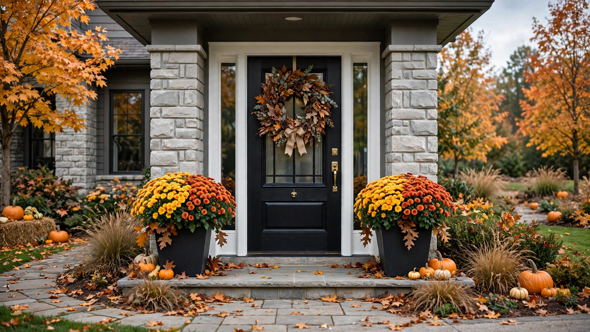 Large black outdoor planters with mums framing front door symmetrically