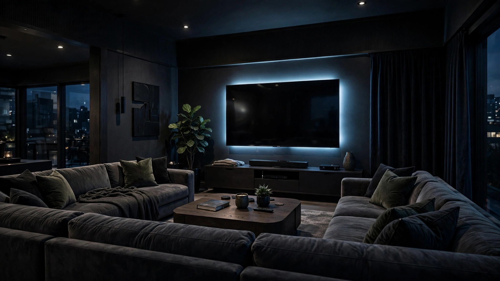U-shaped couch living room with dimmable LED strip lighting, theater ambiance