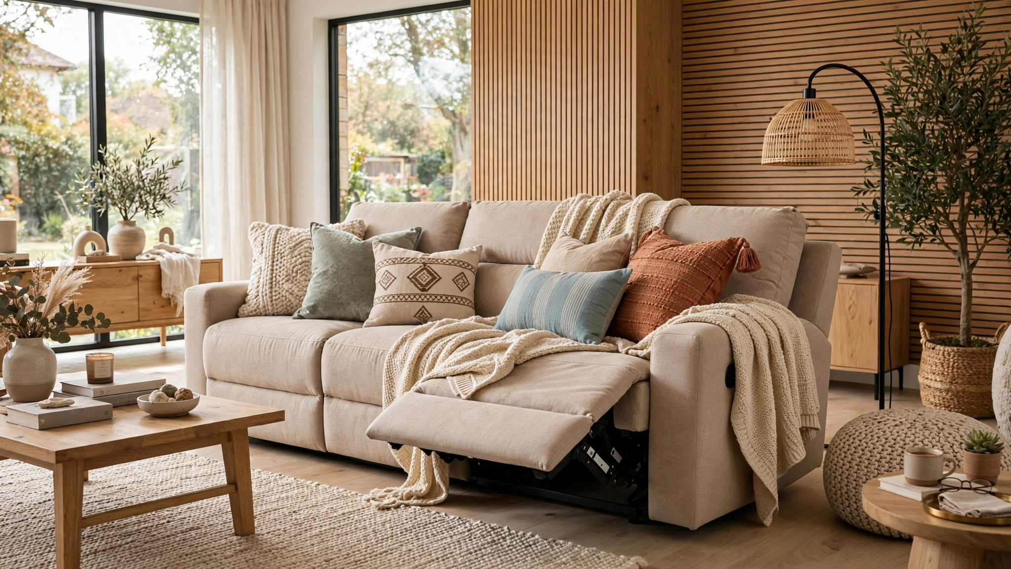 Reclining sofa layered with decorative pillows and throws, designer look