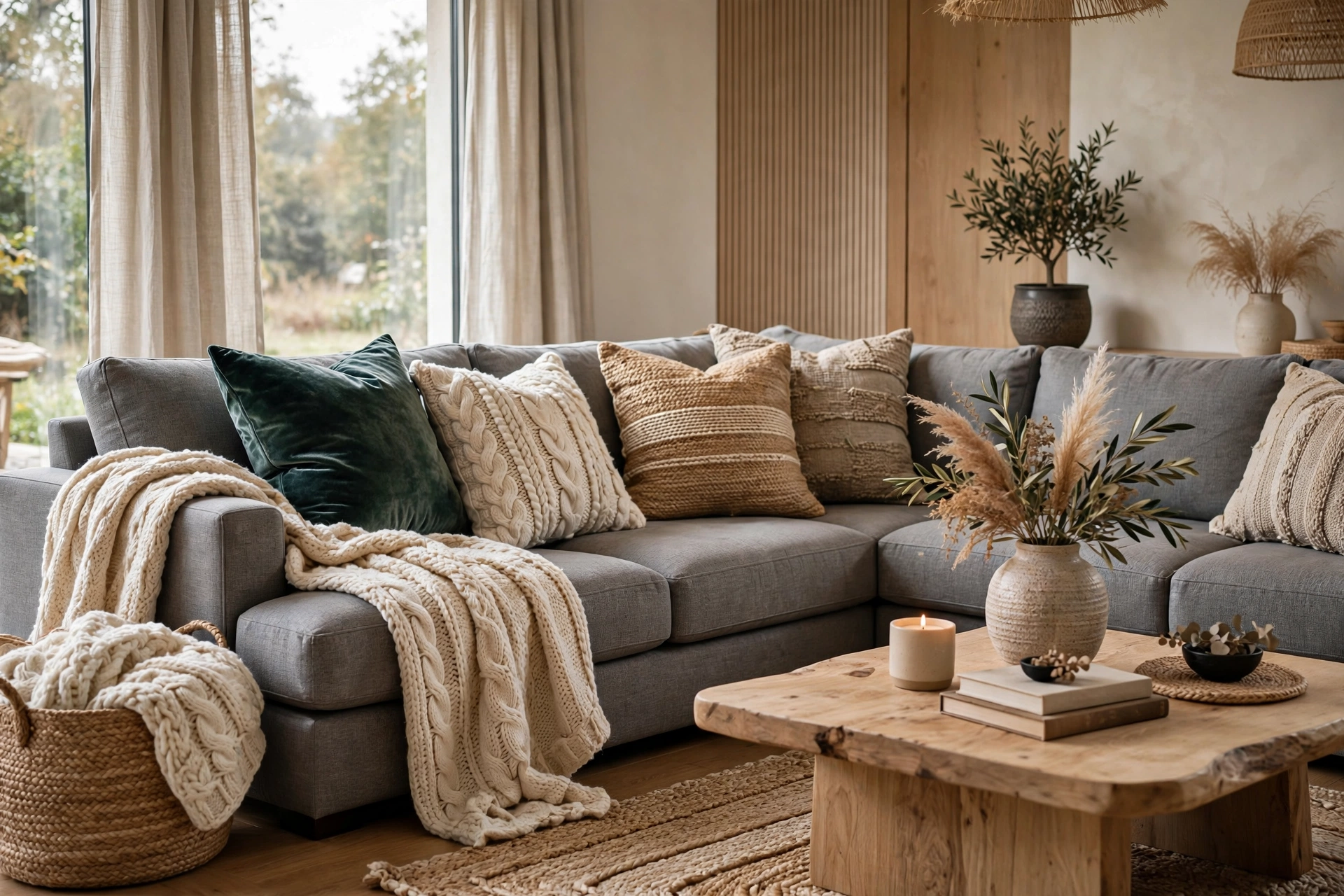 Grey sectional with velvet knit and woven jute textured pillows