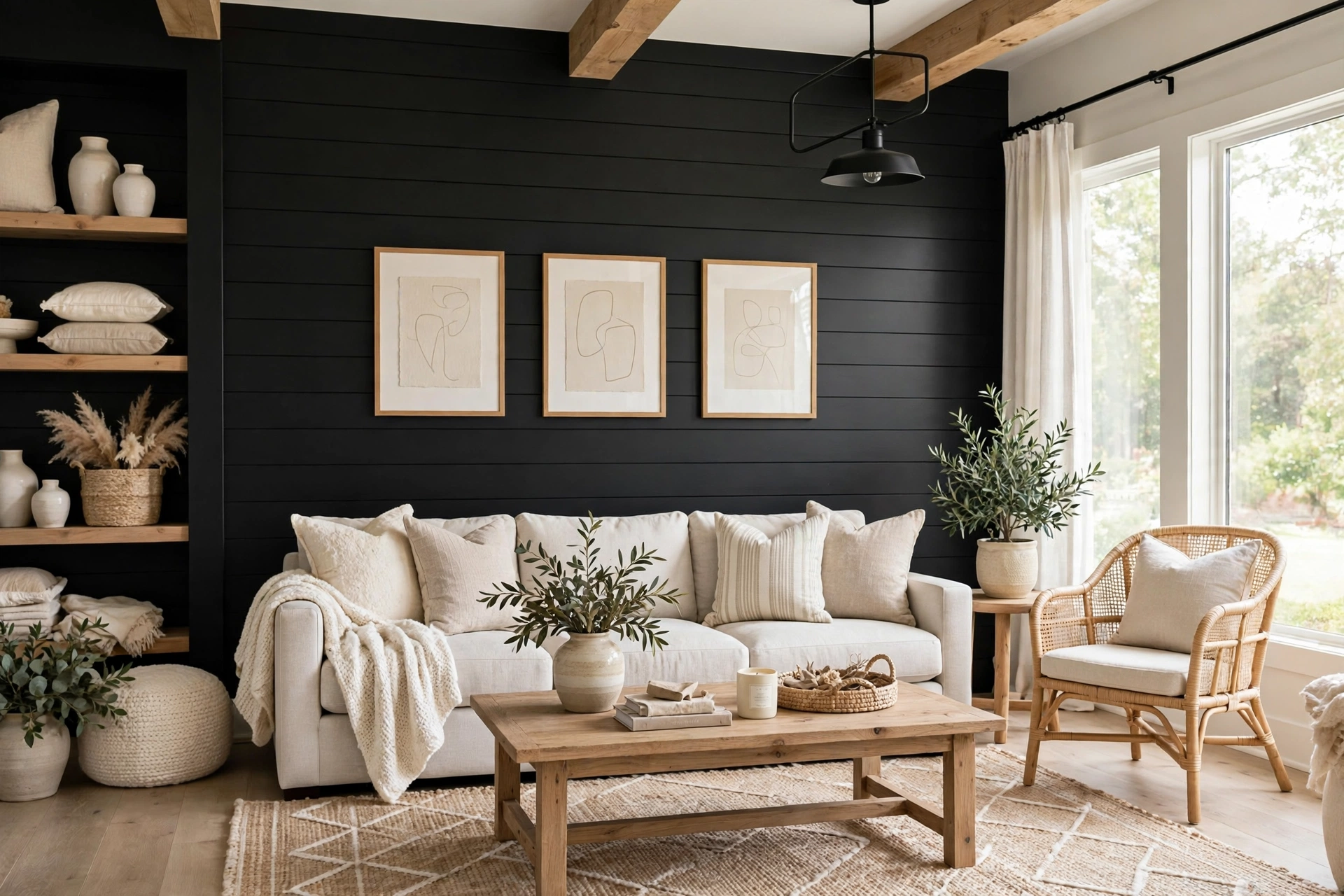 Black shiplap accent wall with horizontal lines, farmhouse edge