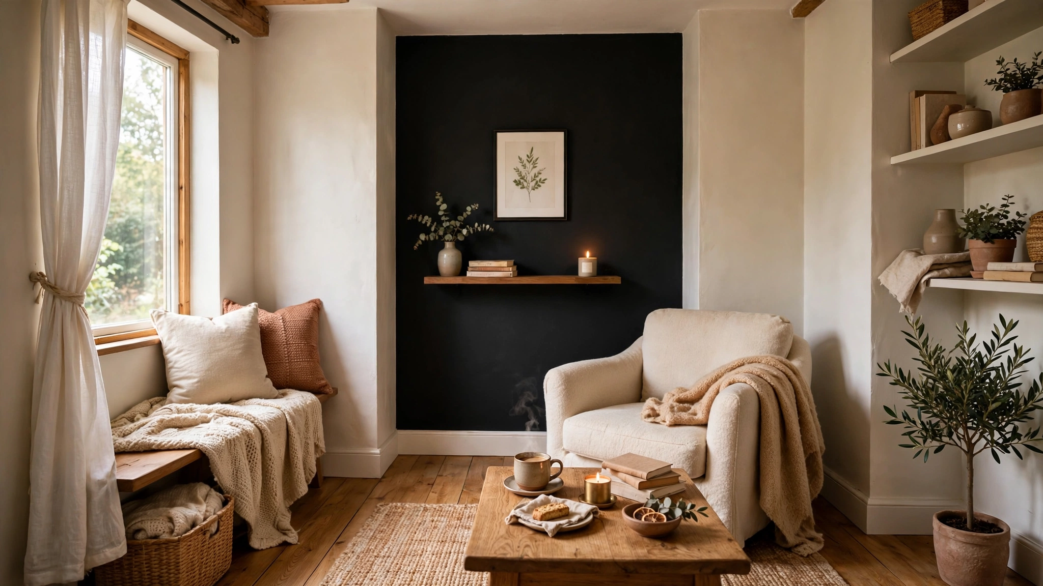 Small room with one black accent wall adding depth, light walls