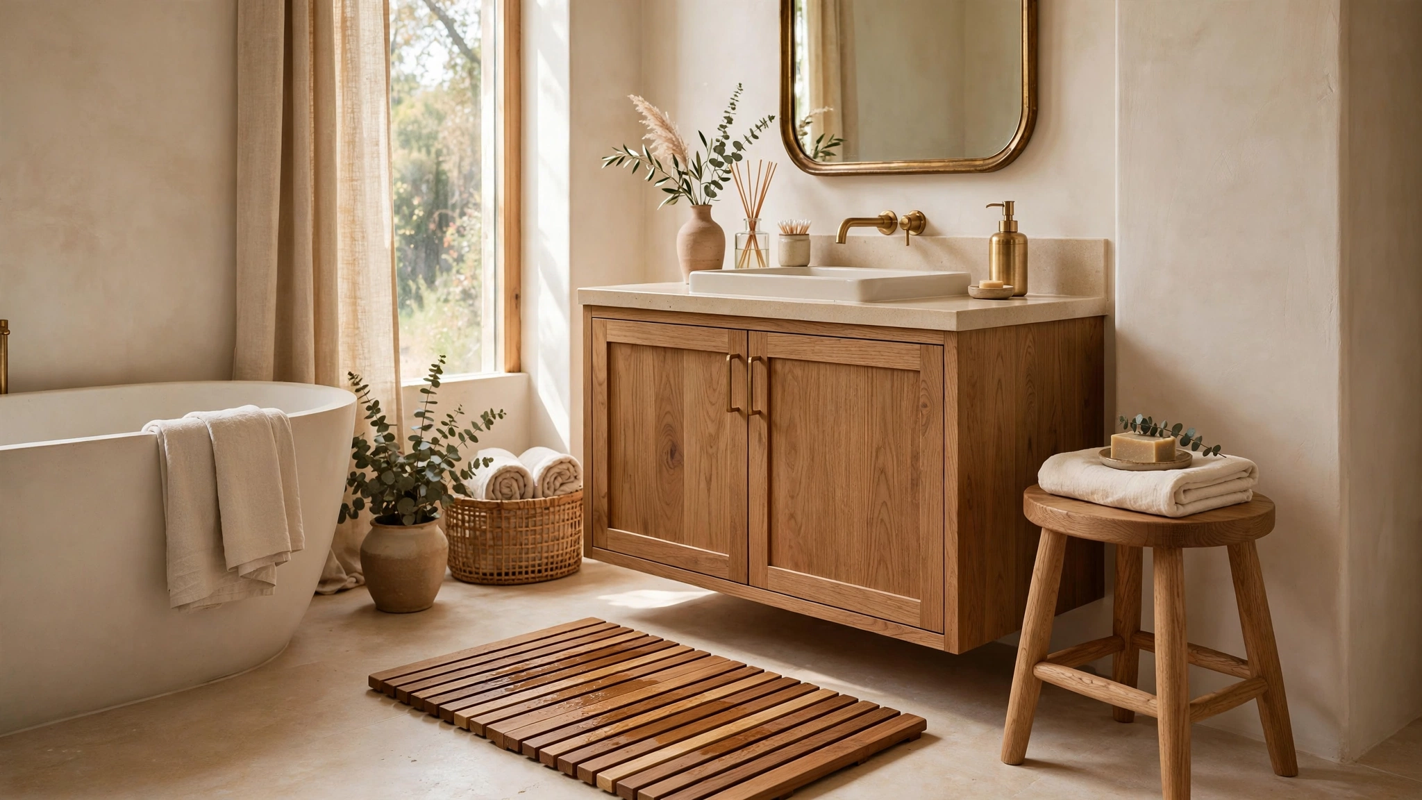 Teak wood bath mat and oak stool in warm neutral bathroom
