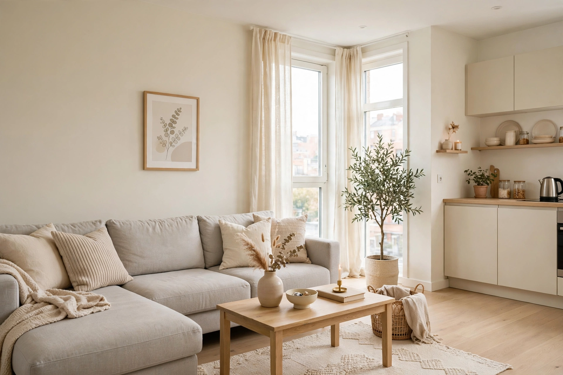 Light gray sectional sofa in bright small apartment living room, cream tones