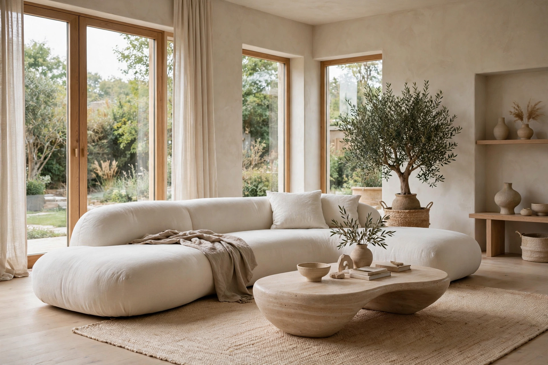 Low profile boneless sofa in minimalist Japandi living room, sculptural modern style