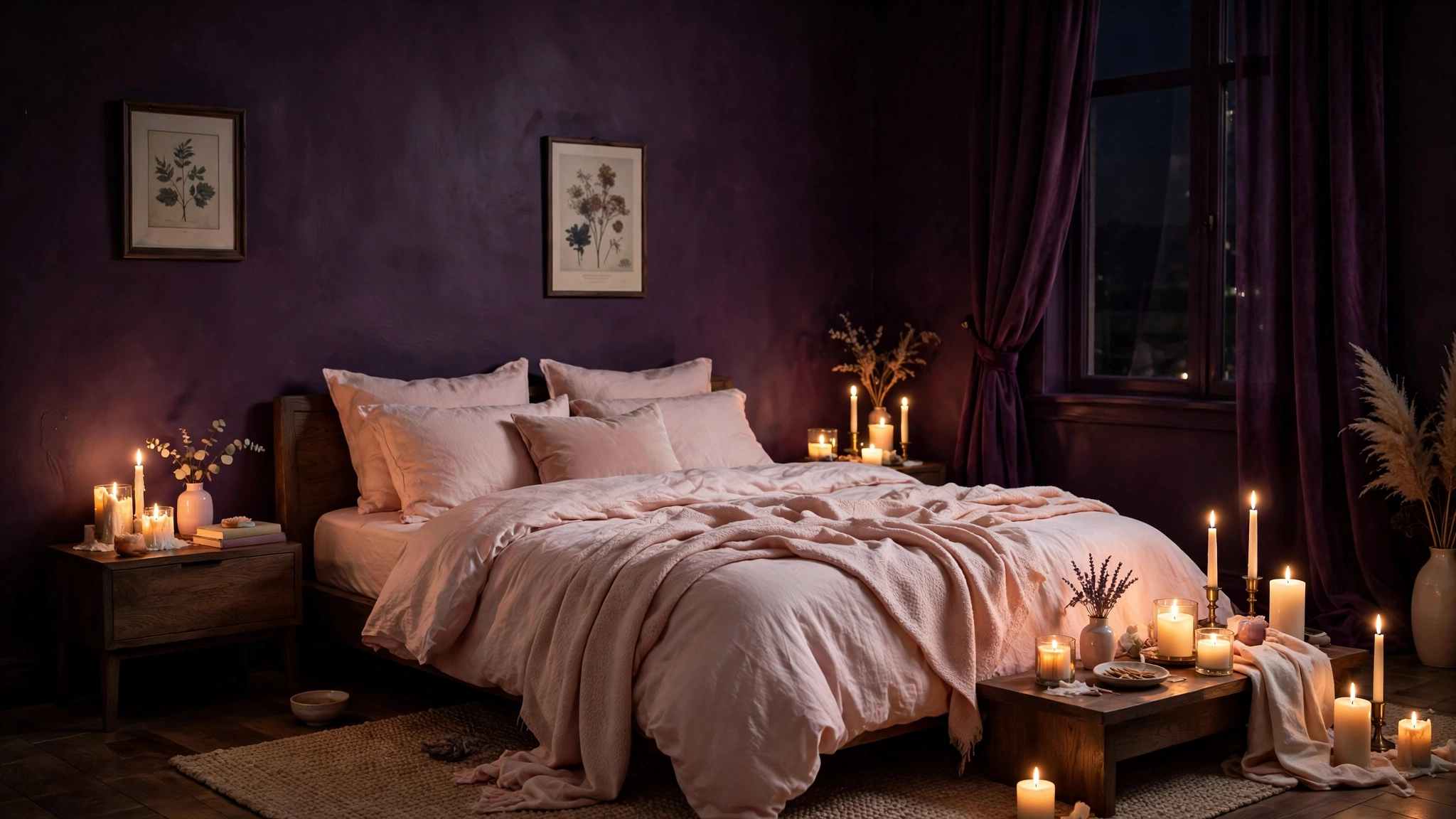 Bedroom with moody plum purple walls, candlelight glow, romantic