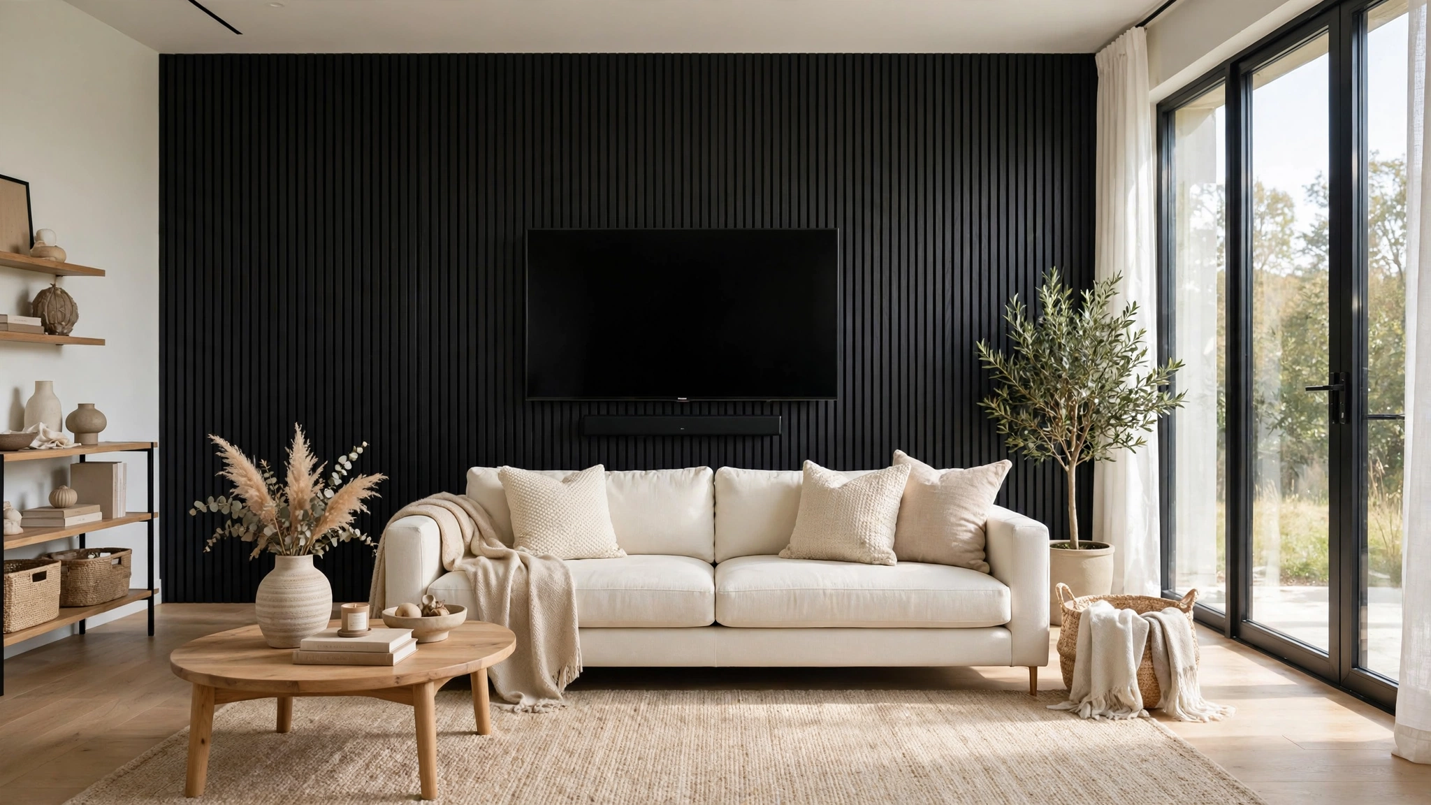 Light beige sofa against black TV wall, bright balanced contrast