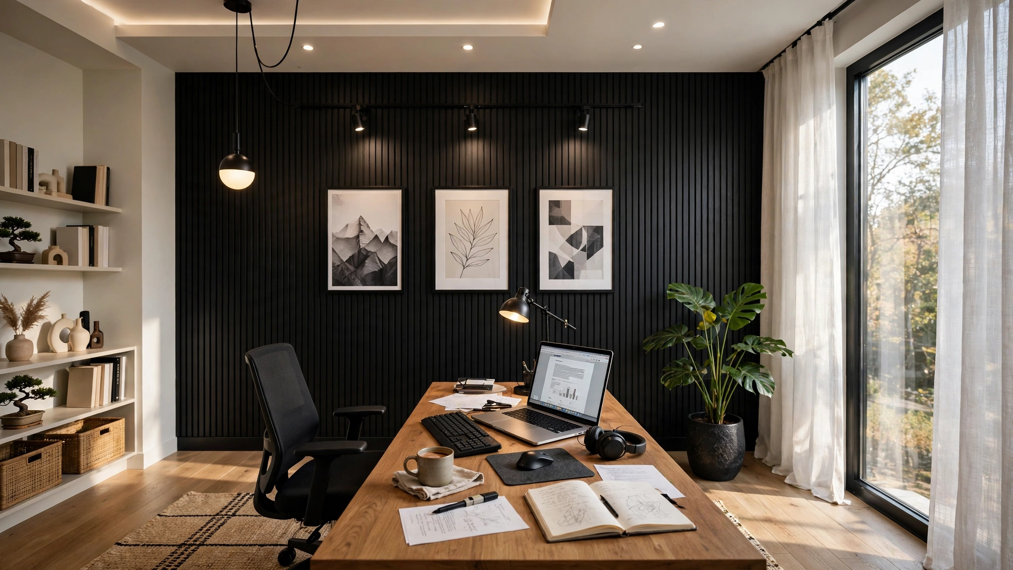 Black peel and stick wallpaper accent wall in bedroom, versatile