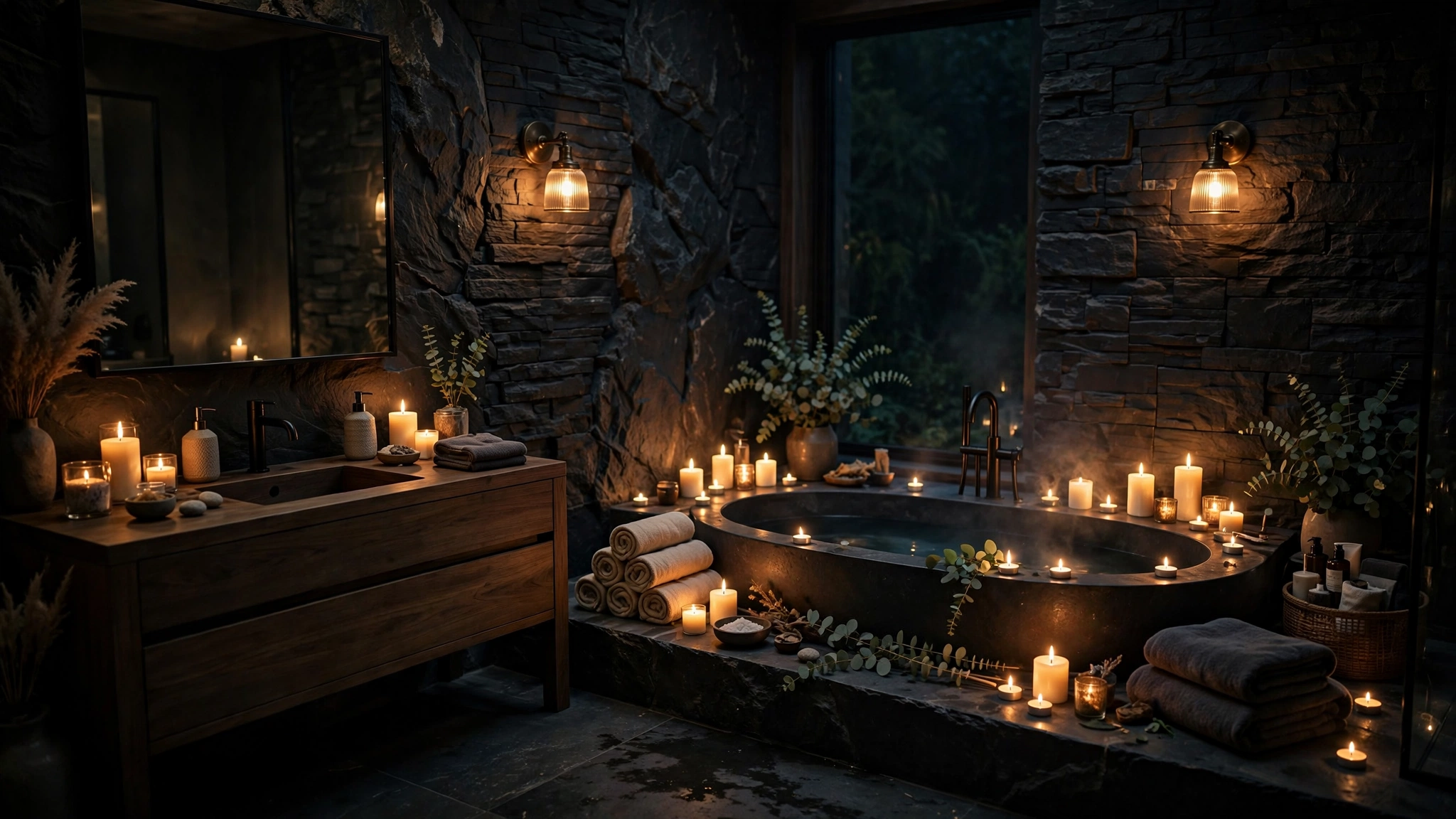 Moody bathroom with dimmable sconces and candles, spa ambiance