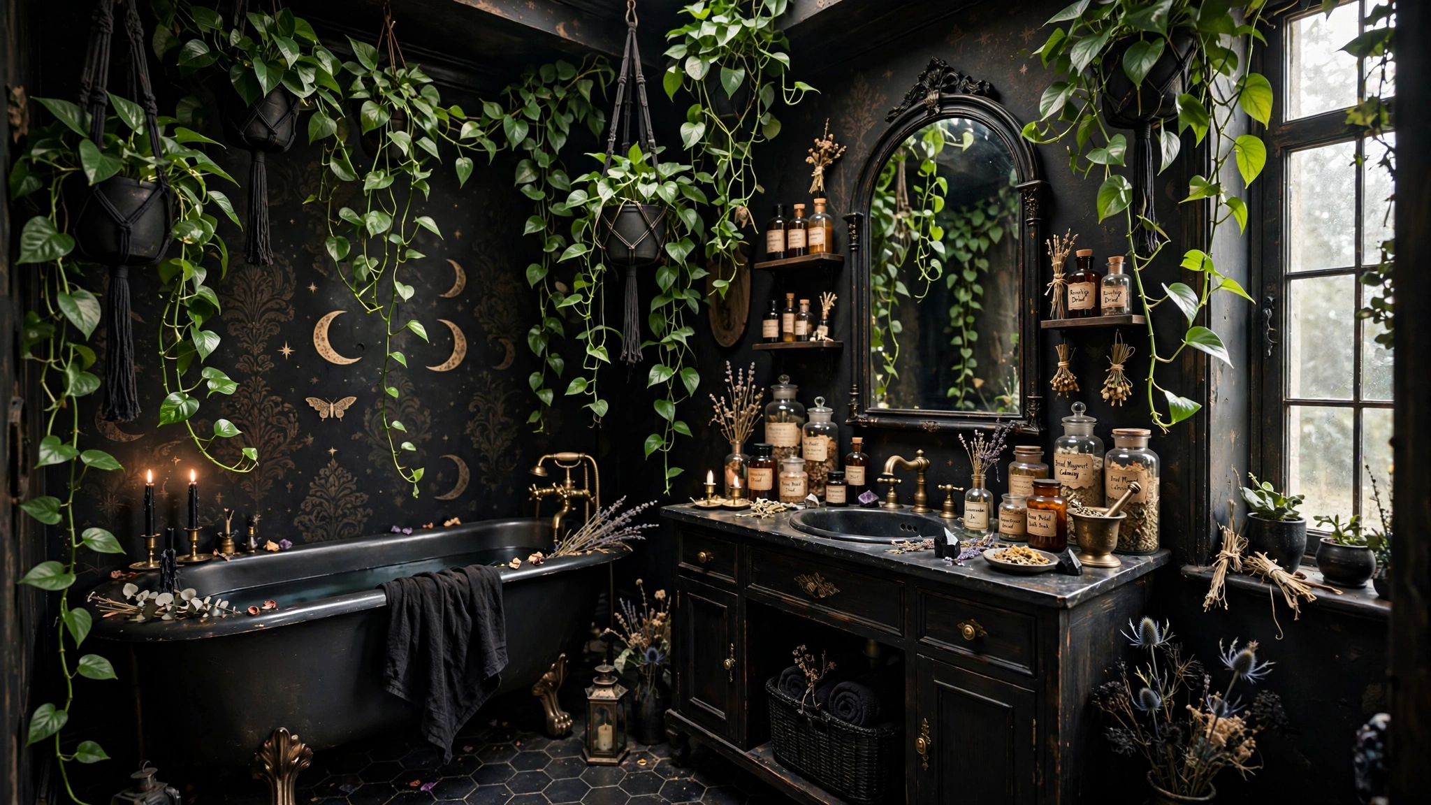 Hanging pothos plants in whimsigoth bathroom, apothecary vibes