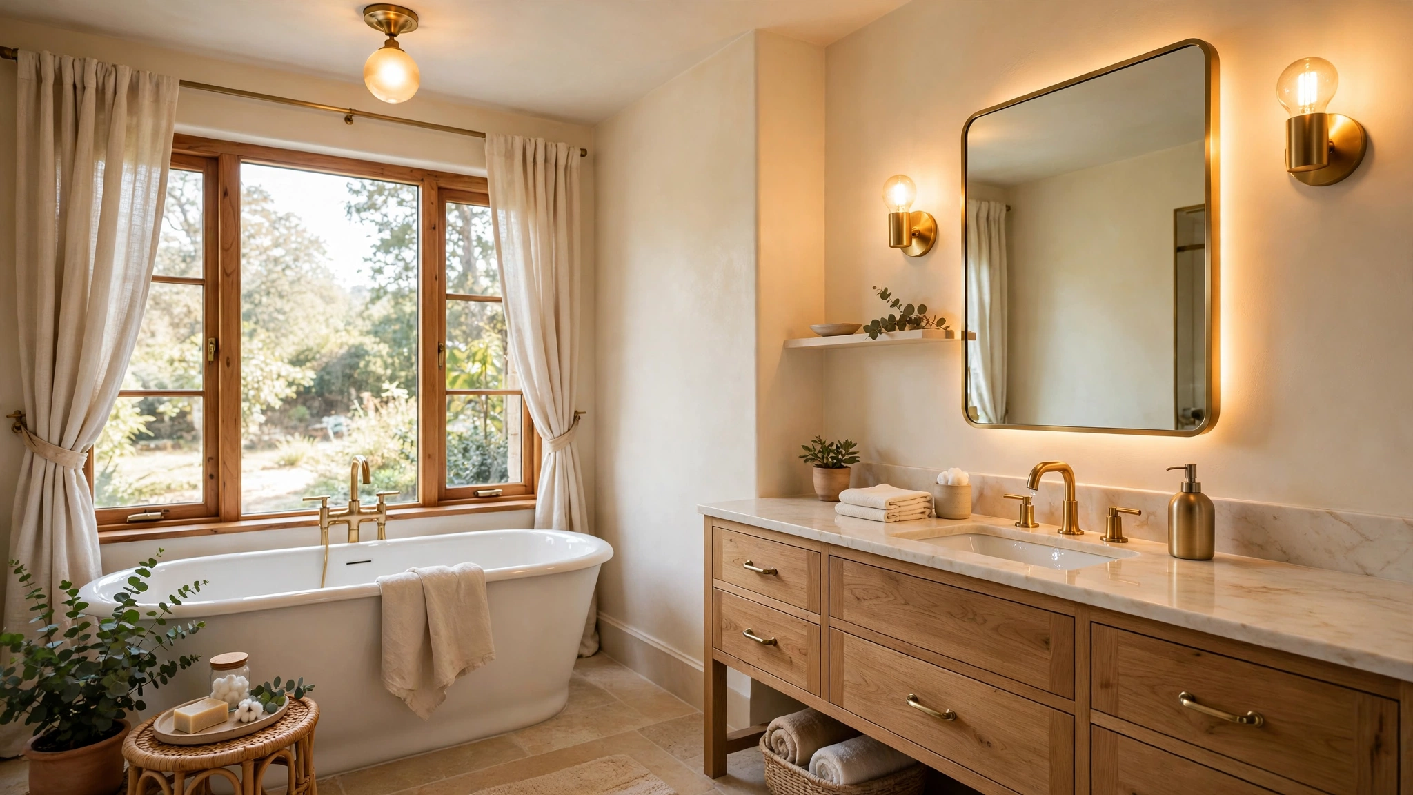 Brushed brass faucet glowing against warm neutral bathroom