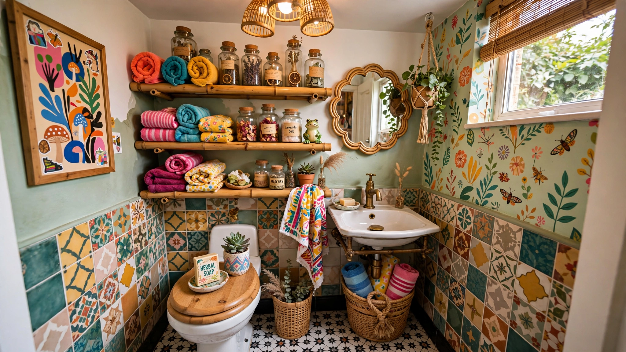 Bamboo floating shelves with colorful towels in funky bathroom