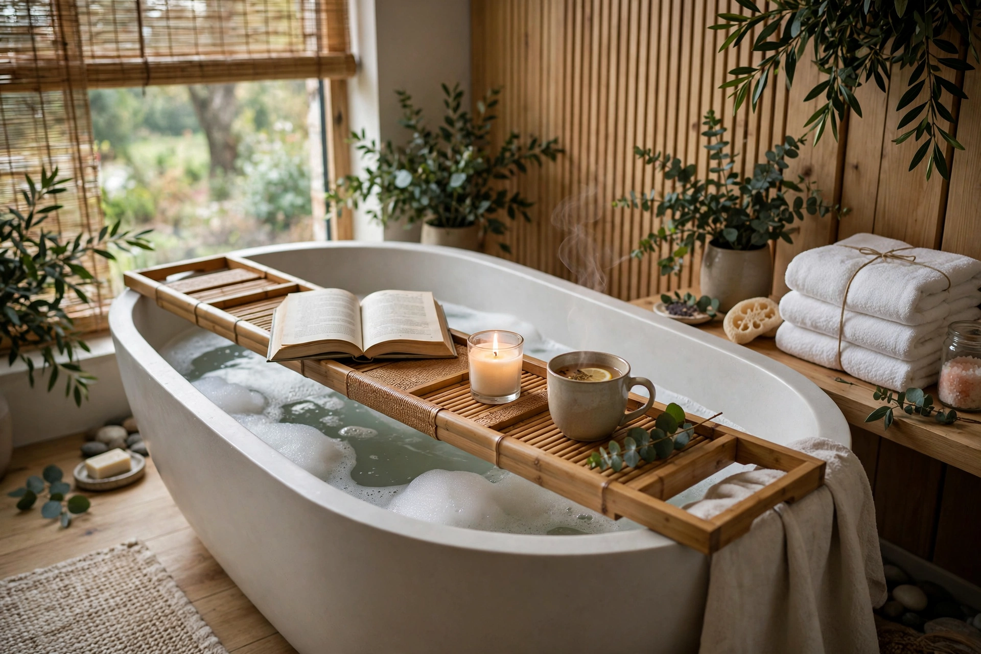 Bamboo bathtub caddy tray with book candle and tea, ritual soak