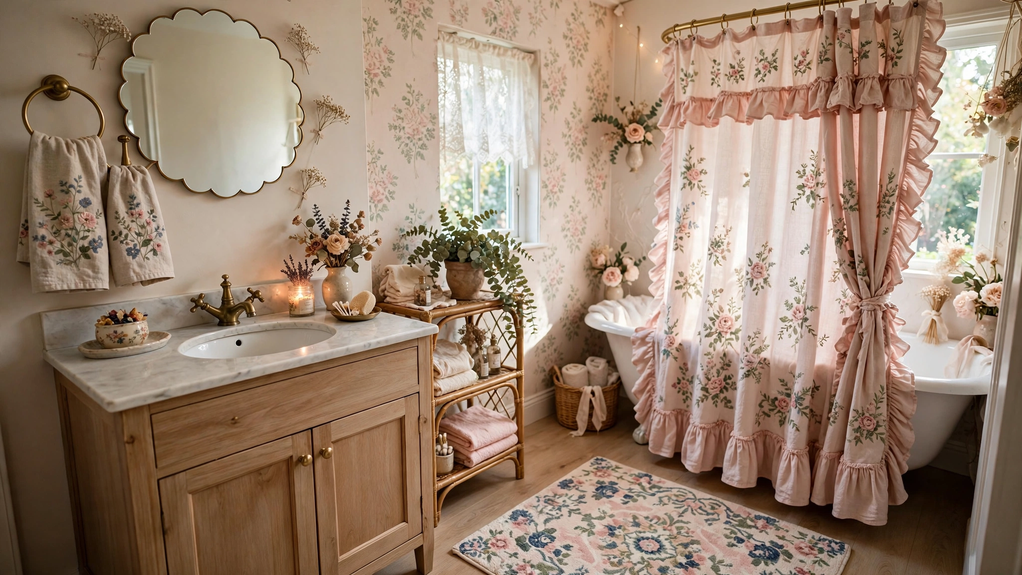 Floral hand towels and patterned bath mat in cute bathroom