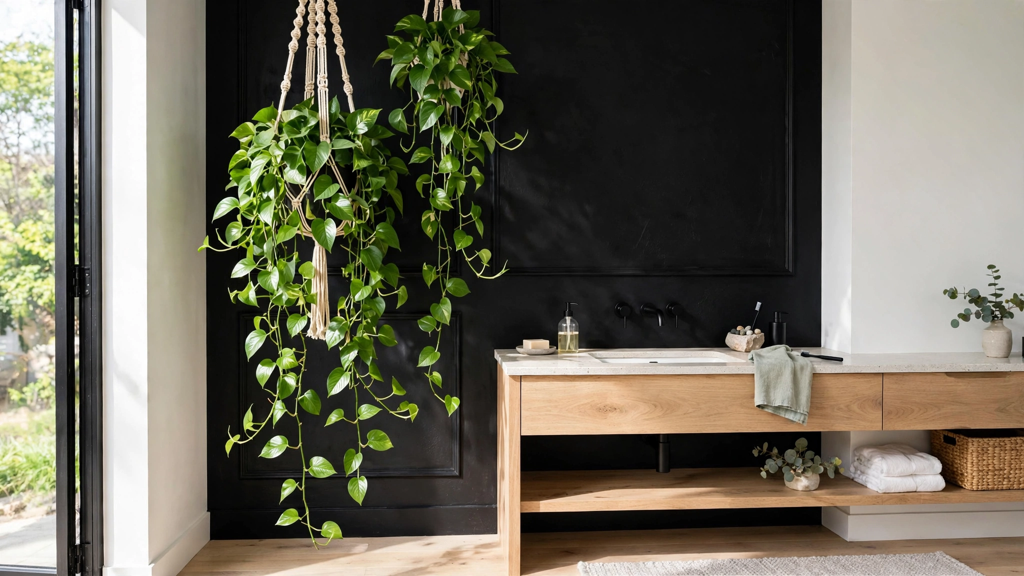 Hanging pothos plant in dark bathroom with black accent wall, fresh energy